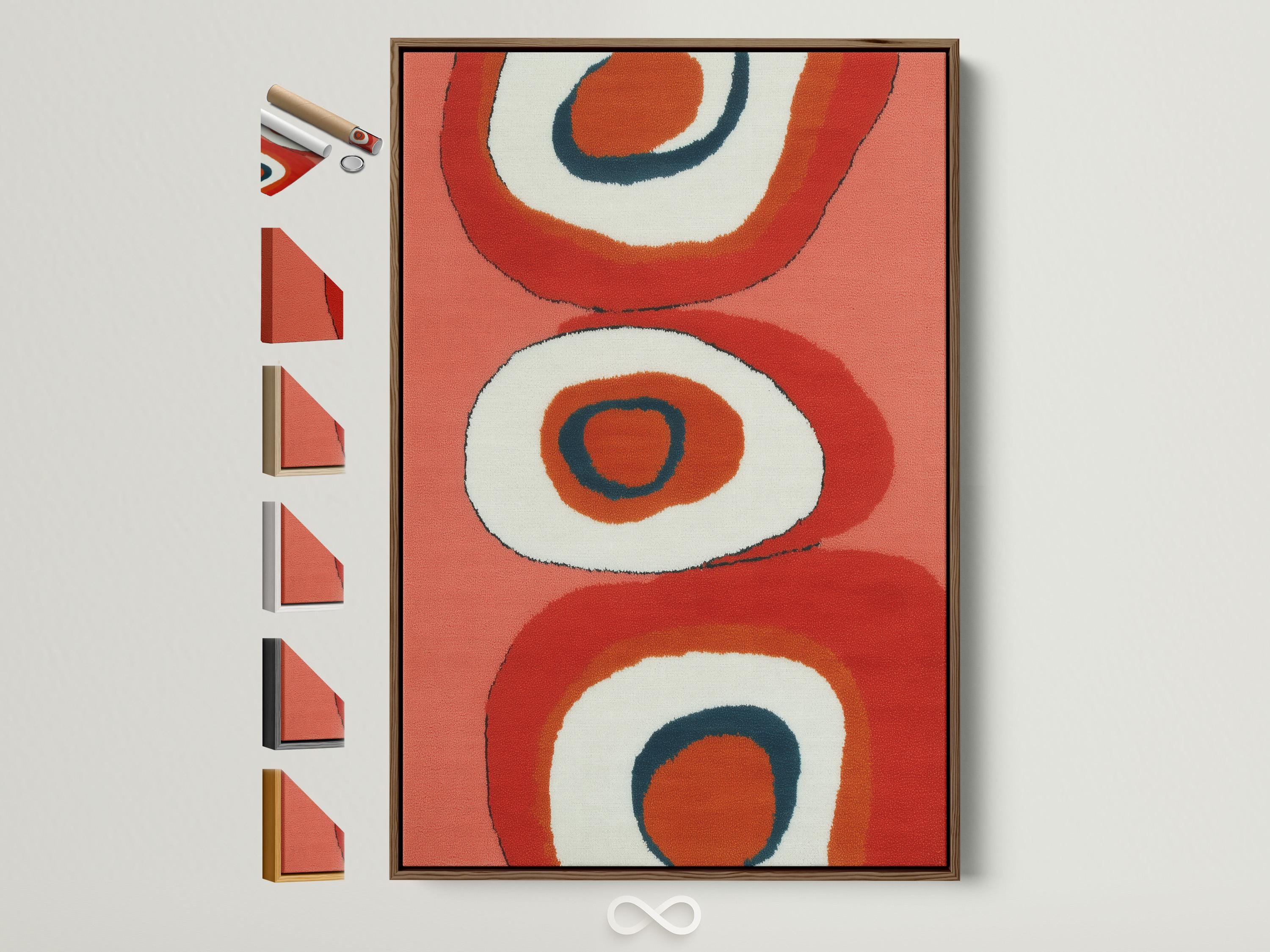 Coral and navy abstract artwork with retro ring shapes and off-white circular centres