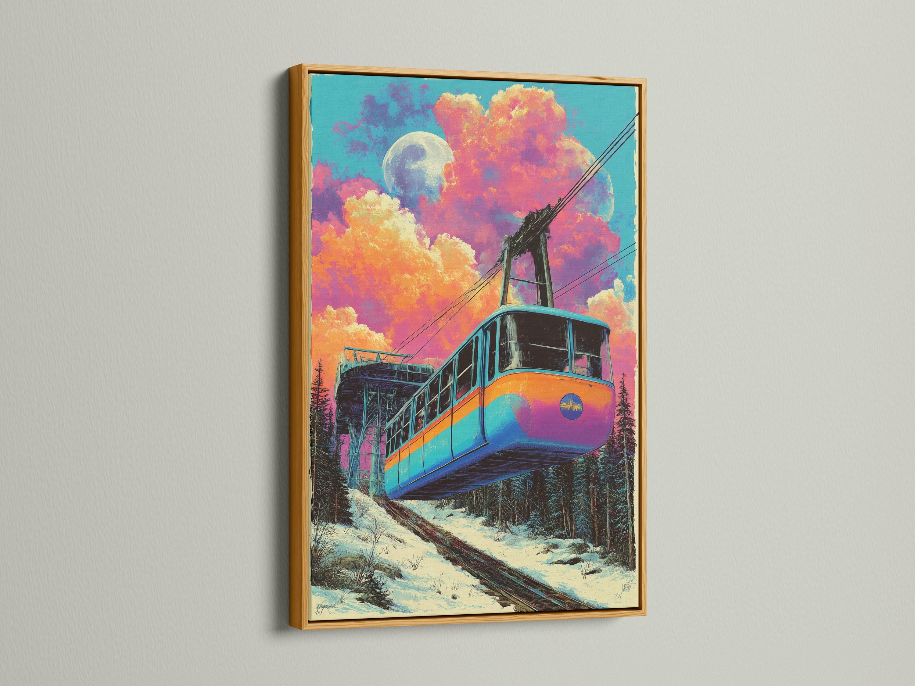 Retro stylised train on snowy tracks under a large moon and colourful night clouds detail view