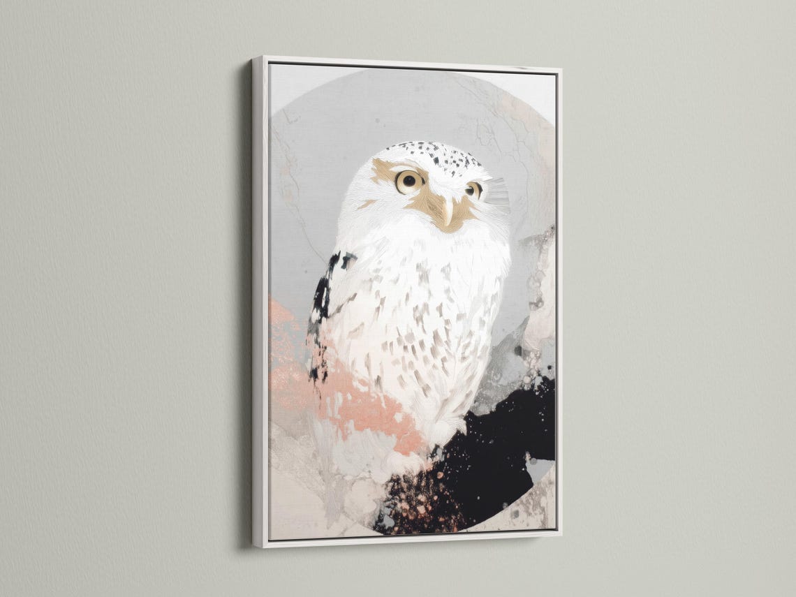 Neutral abstract owl portrait artwork with beige feathers and black speckled accents detail view