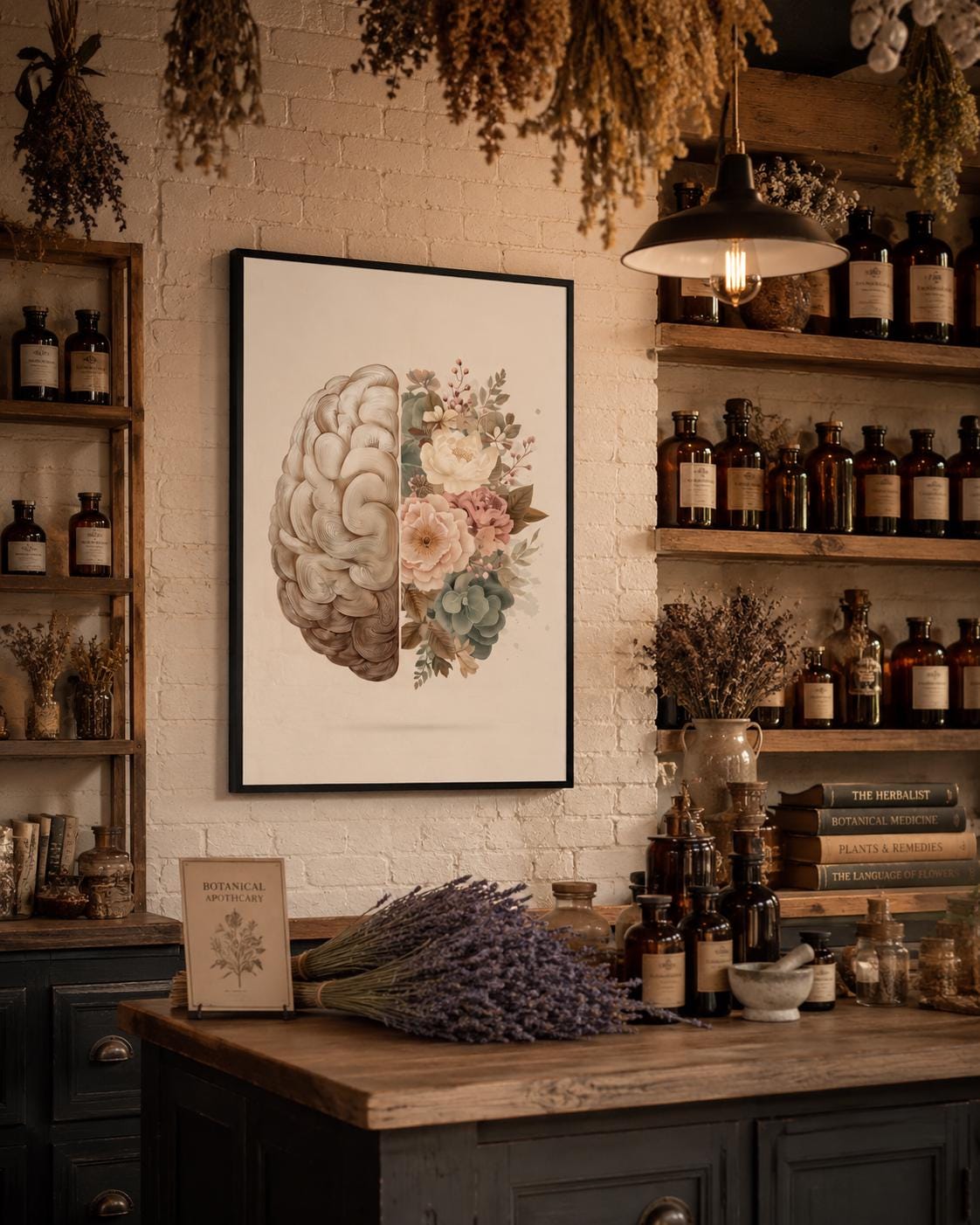 Person reading beside a framed split brain and floral artwork on a floor in a softly lit room