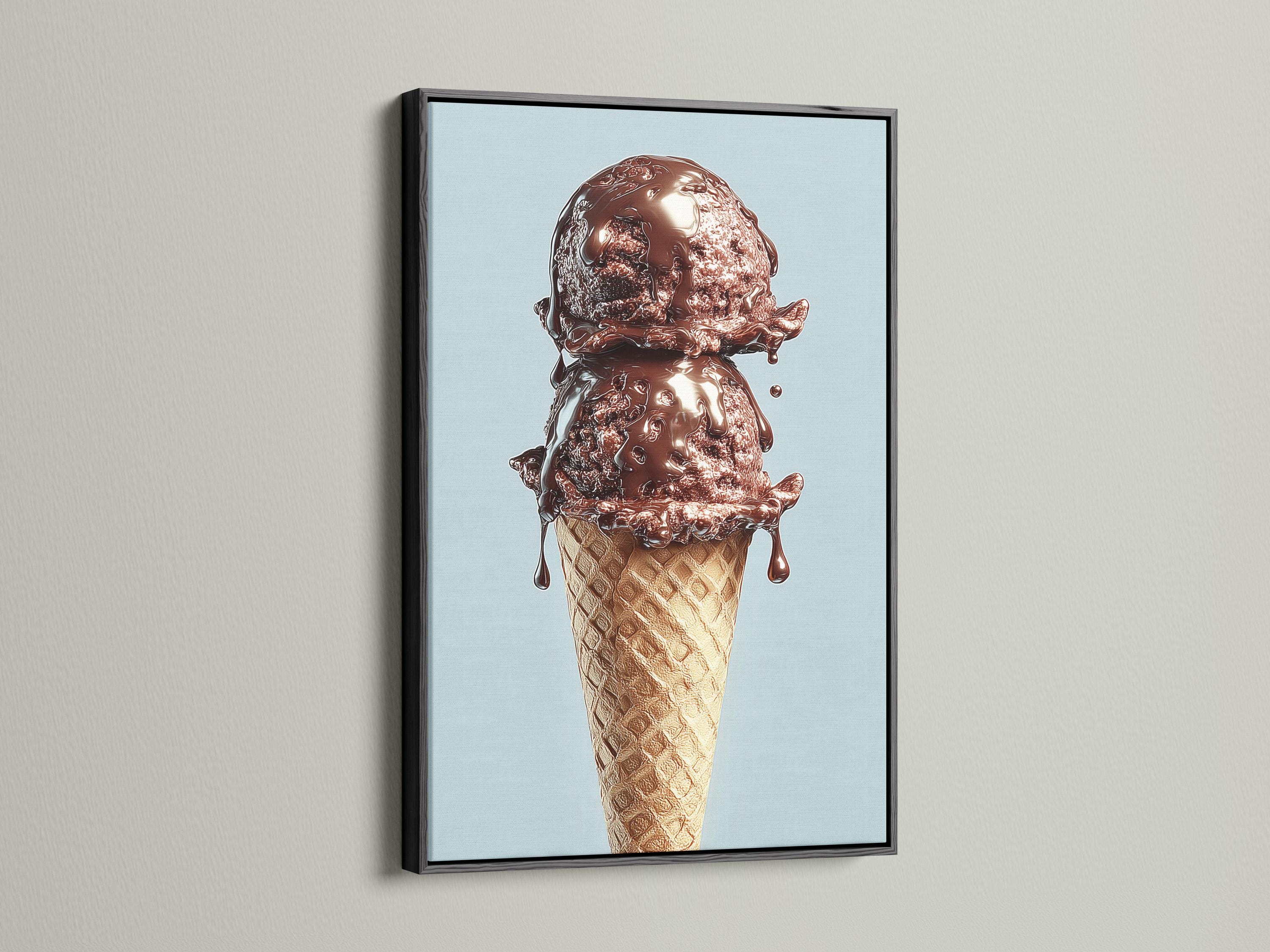 Chocolate ice cream cone illustration on a light blue background detail view