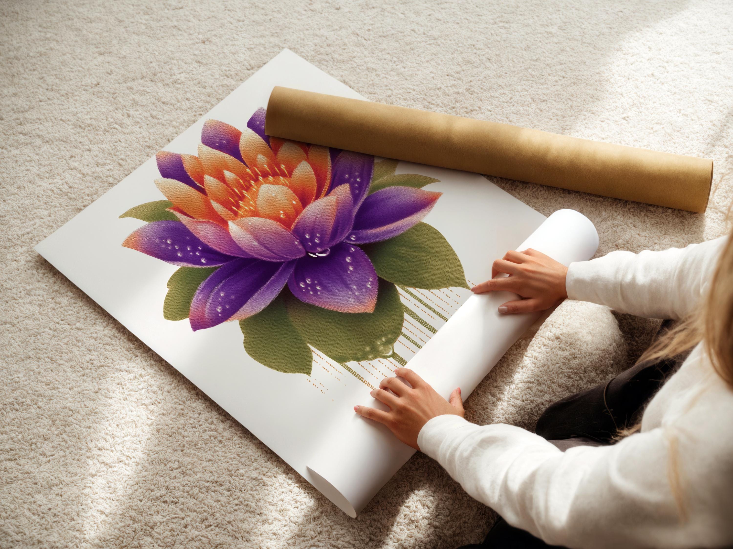 Lotus flower artwork with purple and orange petals and green leaves on a white background detail view