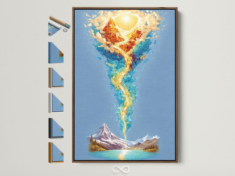 Blue mountain lake artwork with a glowing golden faceted human-like figure rising above it