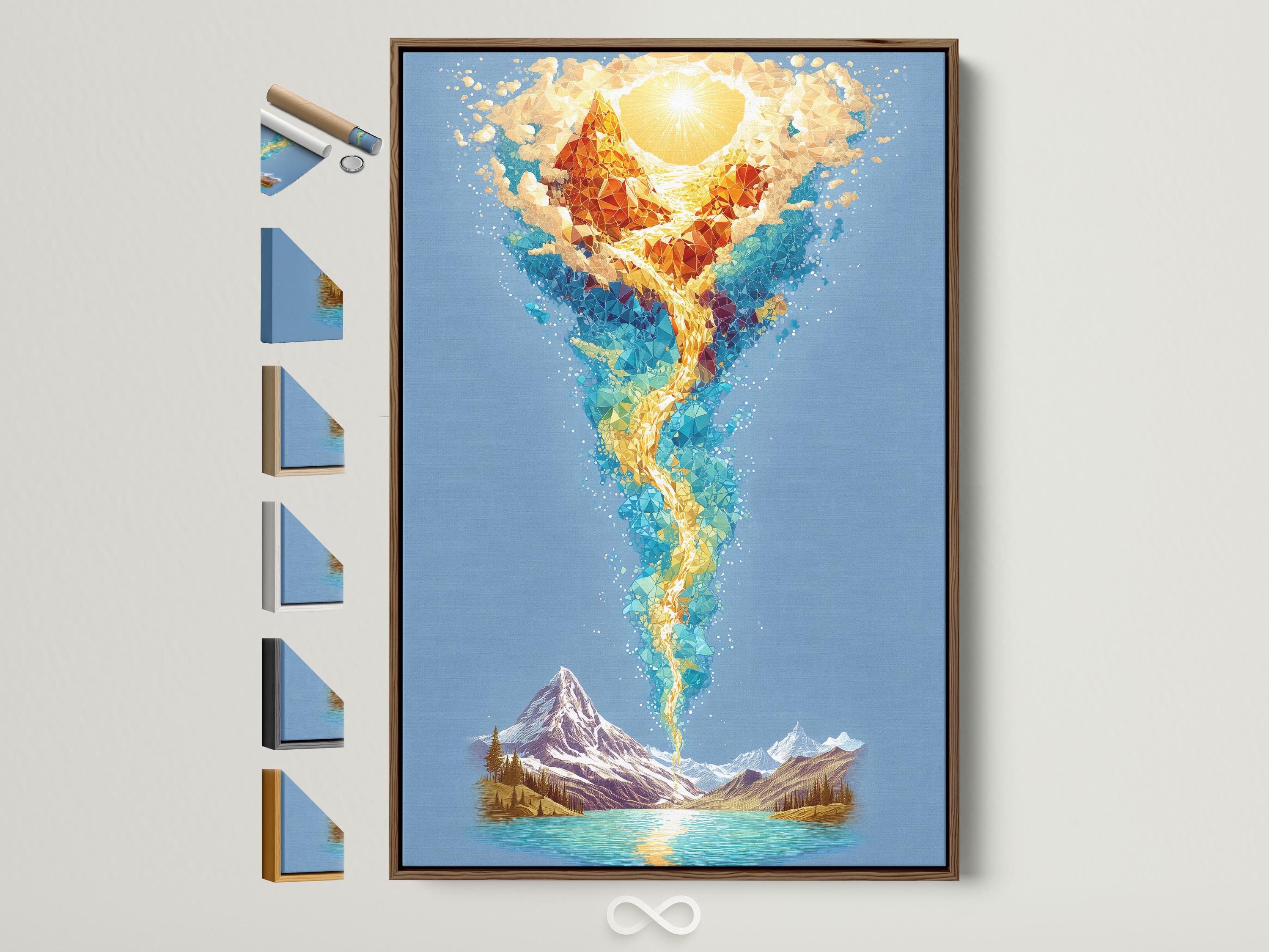 Blue mountain lake artwork with a glowing golden faceted human-like figure rising above it