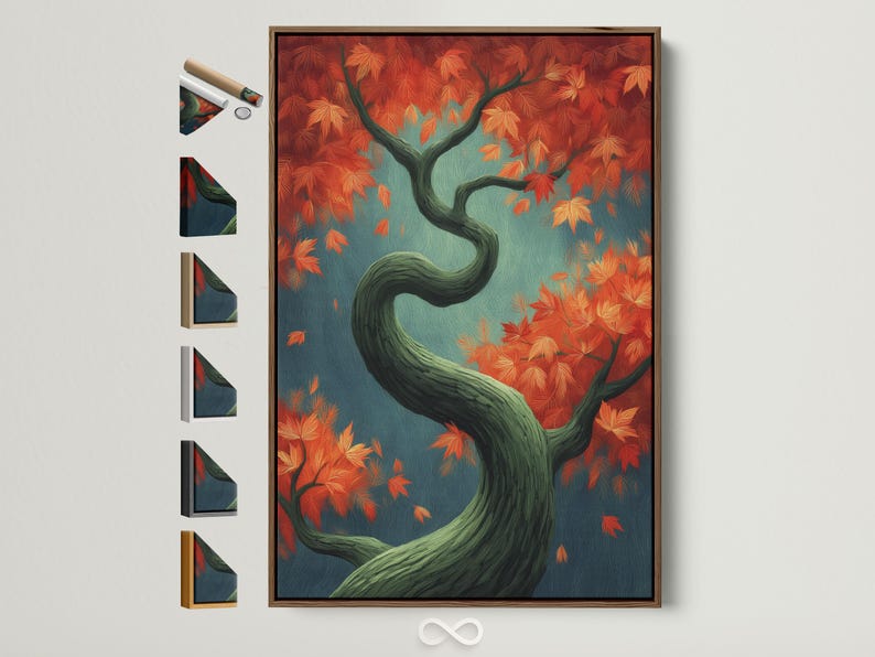 Autumn tree illustration with teal background, orange and red leaves, and a dark green twisting trunk