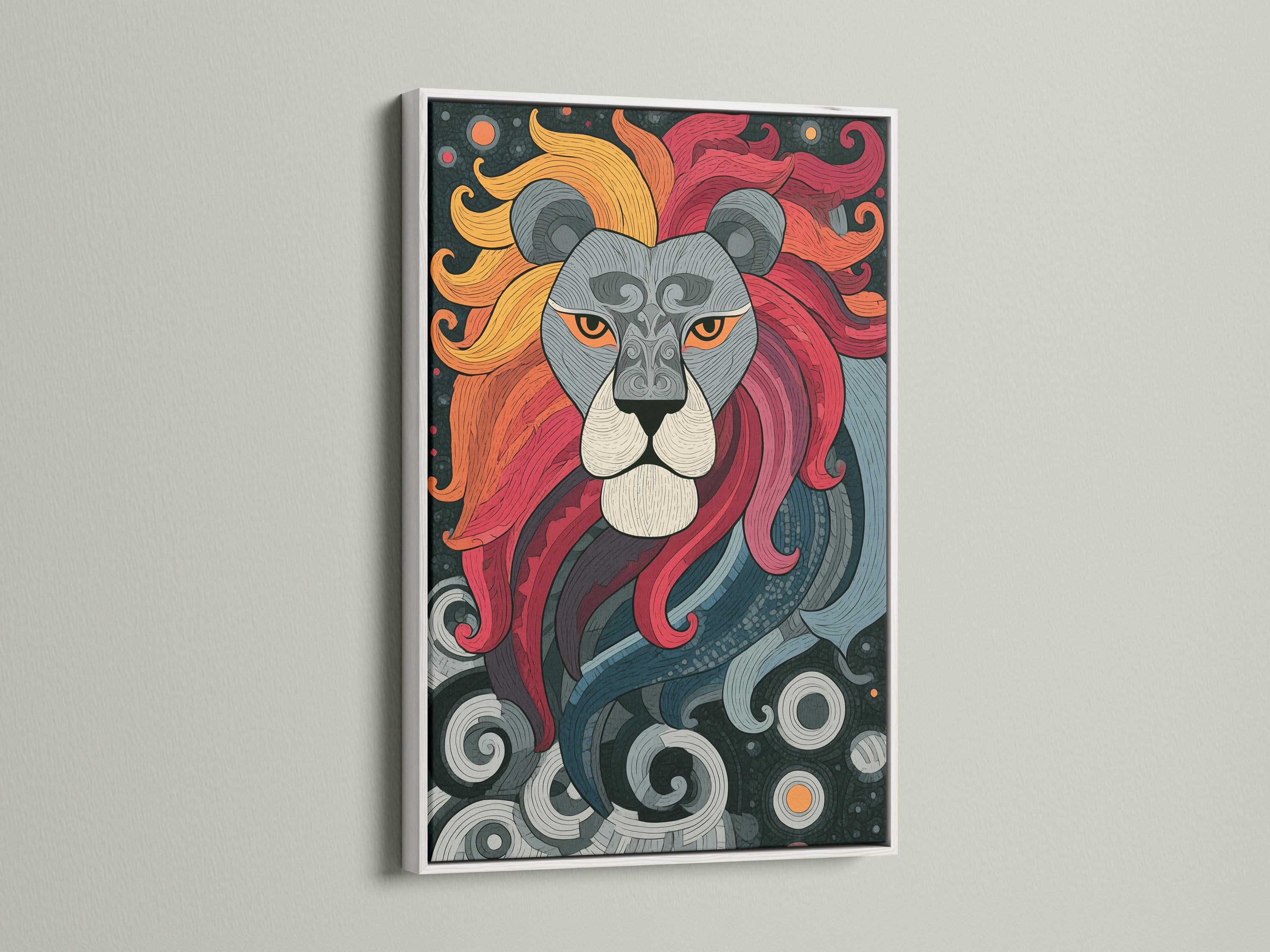 Lion portrait artwork shown in a framed mockup display