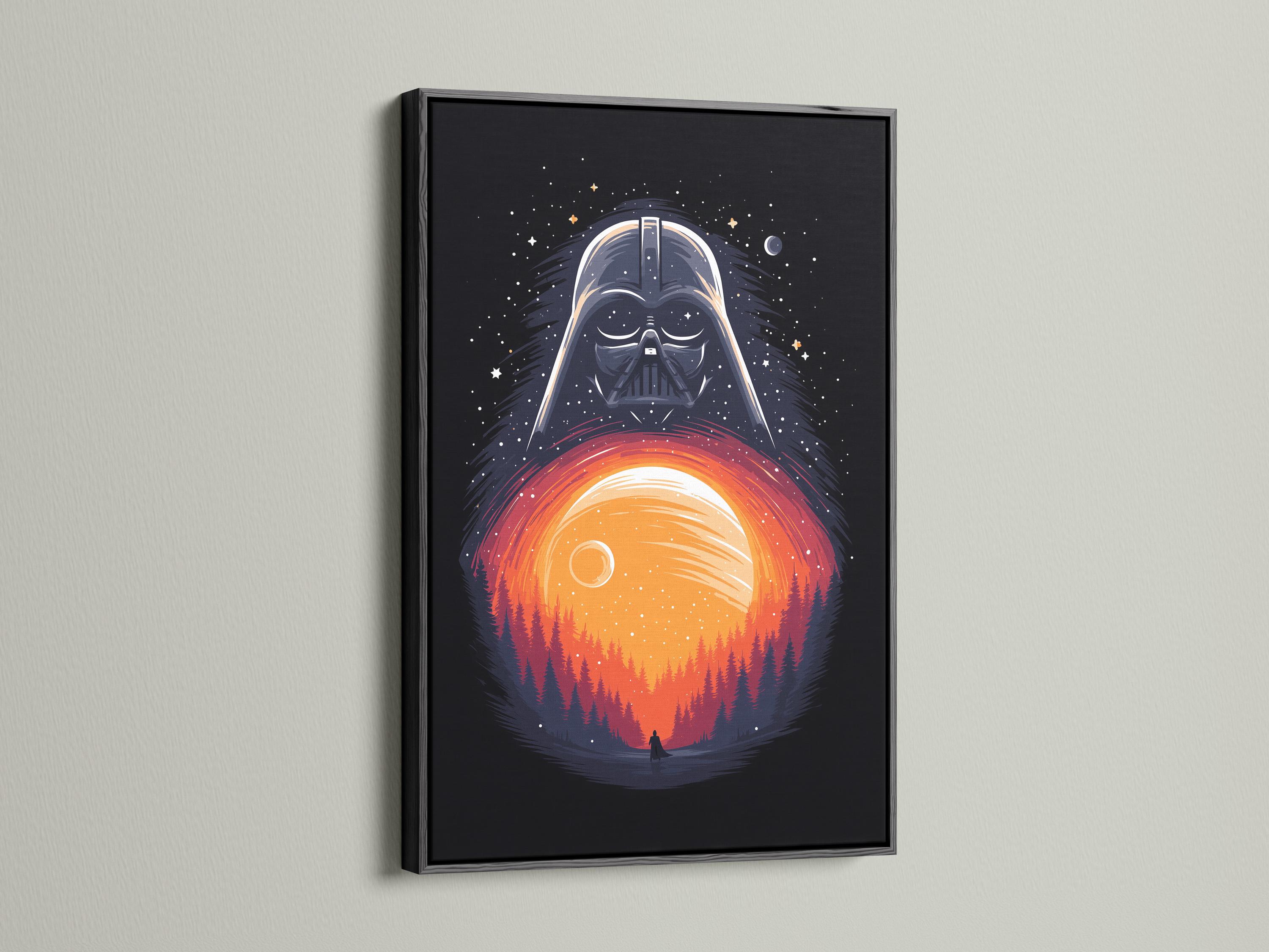 Dark sci-fi illustration of a helmeted villain above a glowing planet with stars and a forest silhouette detail view
