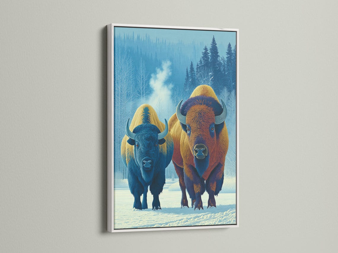 Two stylised bison in a snowy forest scene with cool blue trees and warm fur tones detail view