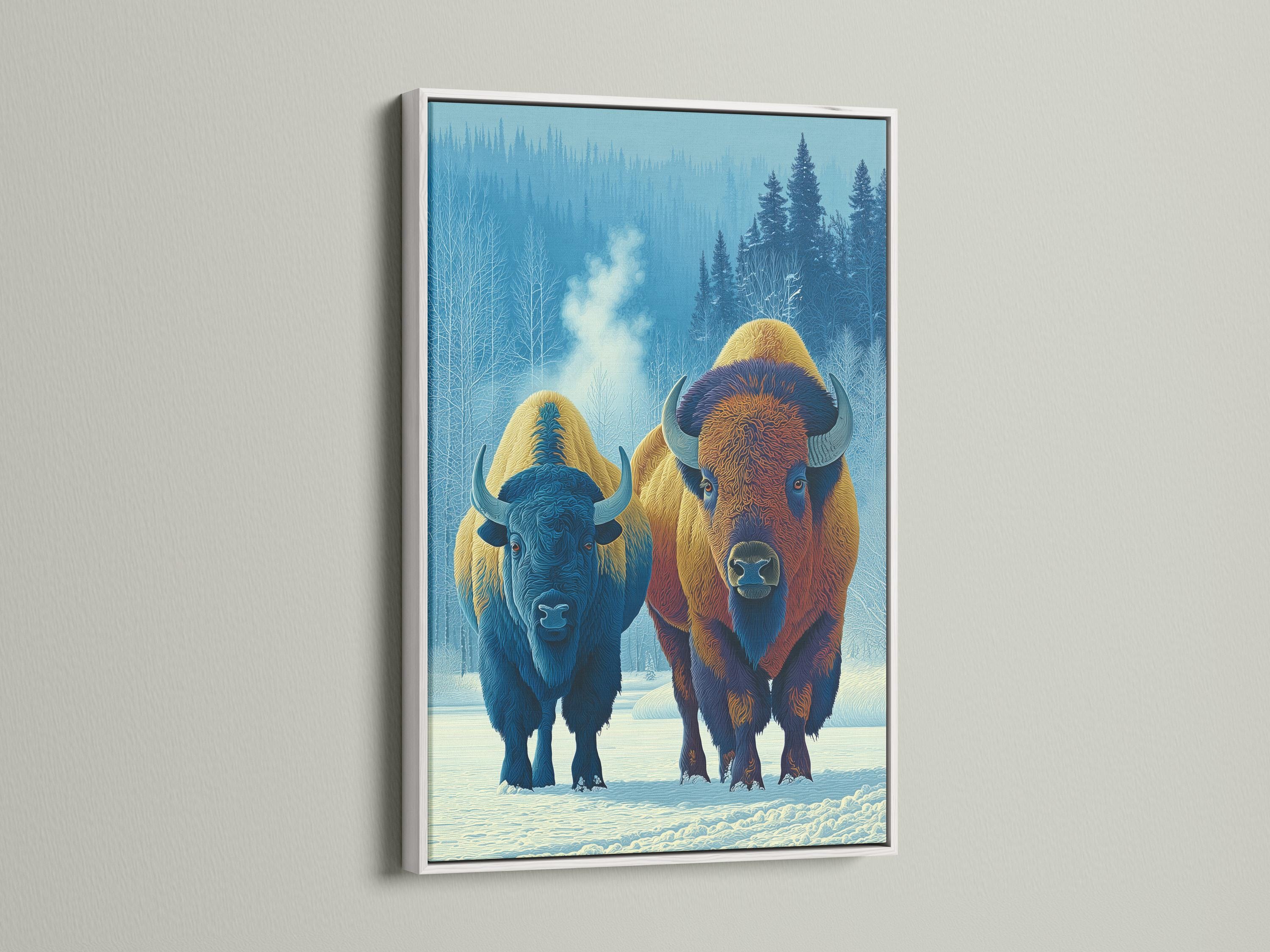 Two stylised bison in a snowy forest scene with cool blue trees and warm fur tones detail view