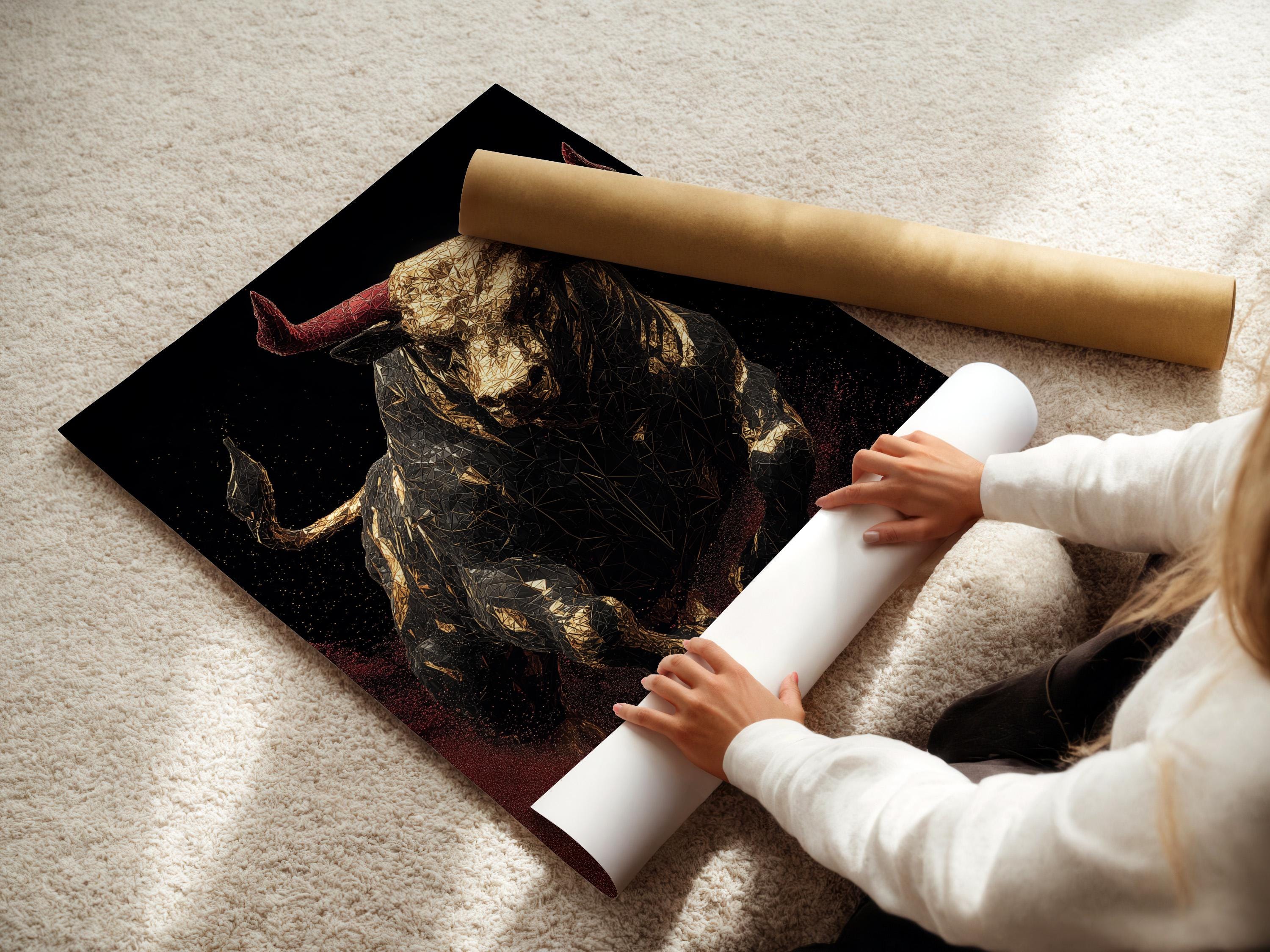 Geometric bull with gold facets, muted red horns and a dark speckled background detail view