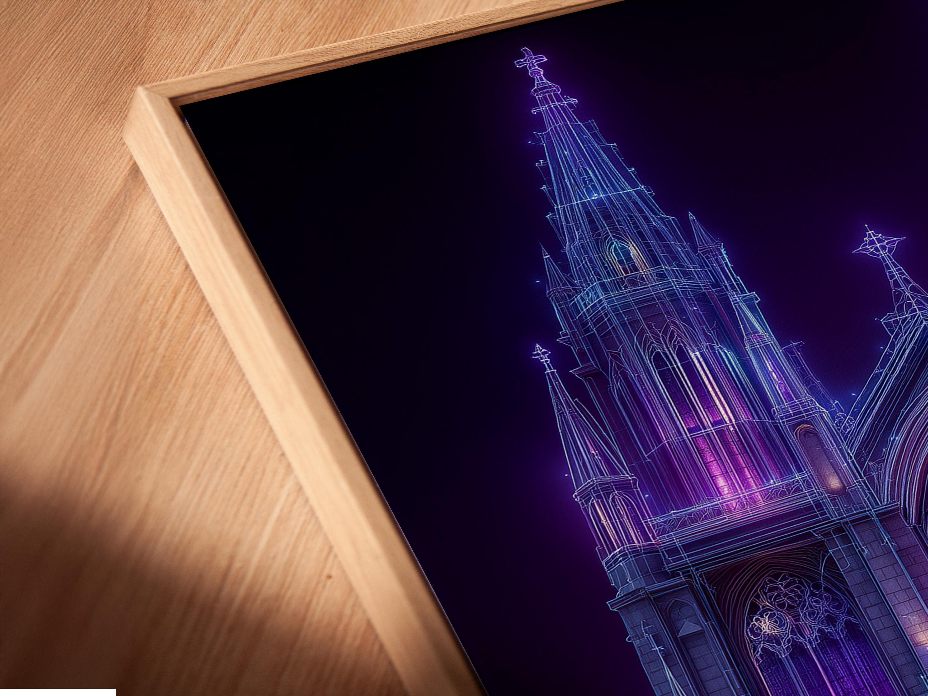 Neon purple and blue gothic cathedral façade with glowing rosette window and reflections detail view