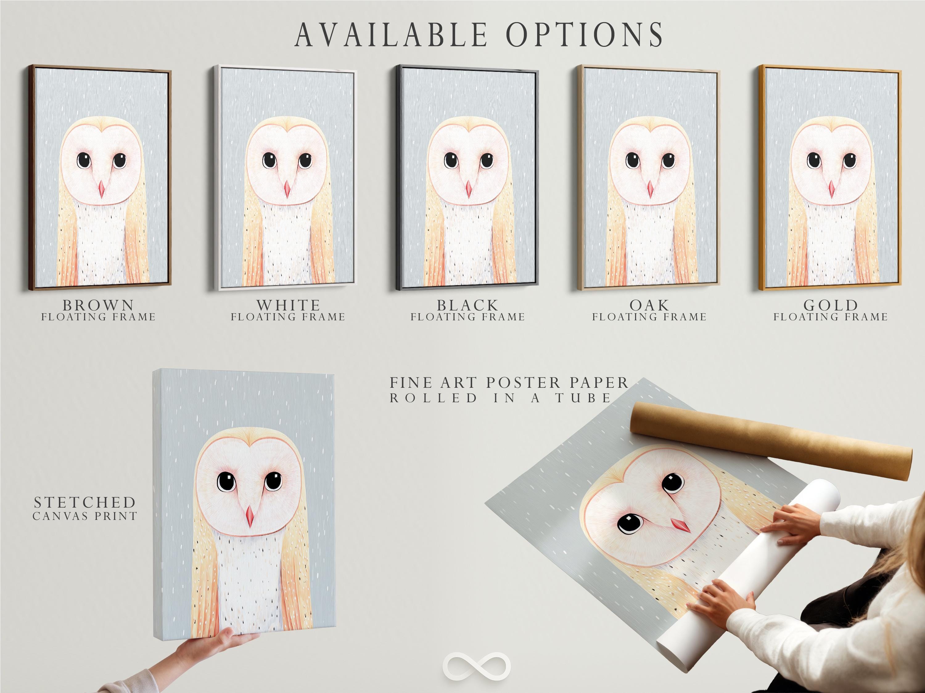 Illustrated pastel owl with large dark eyes and a red beak on a pale blue background detail view