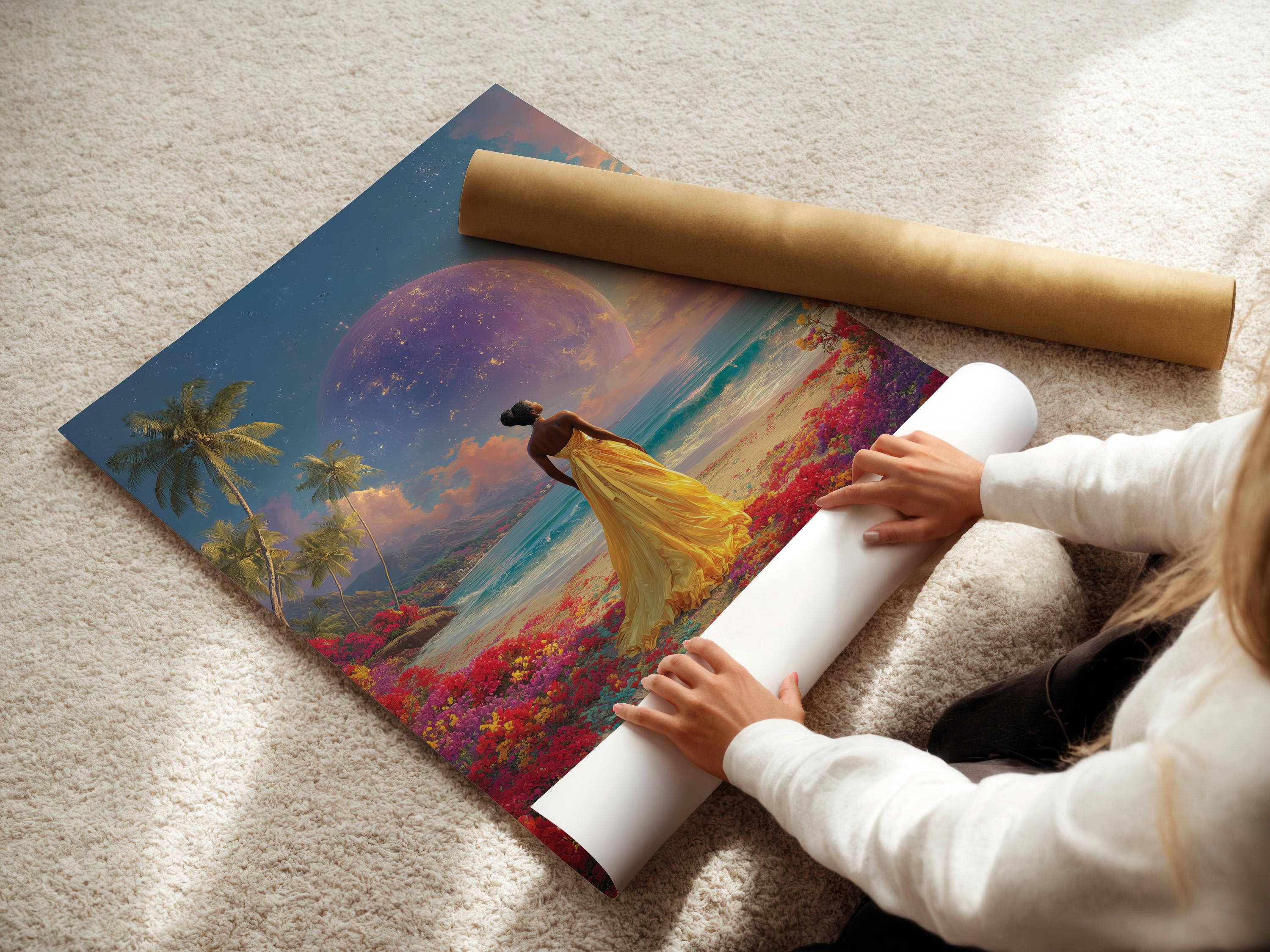Room scene with a woman in a gold dress tropical beach artwork leaning against a wall
