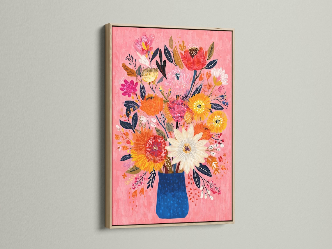 Room mockup showing a framed floral bouquet artwork on a wall