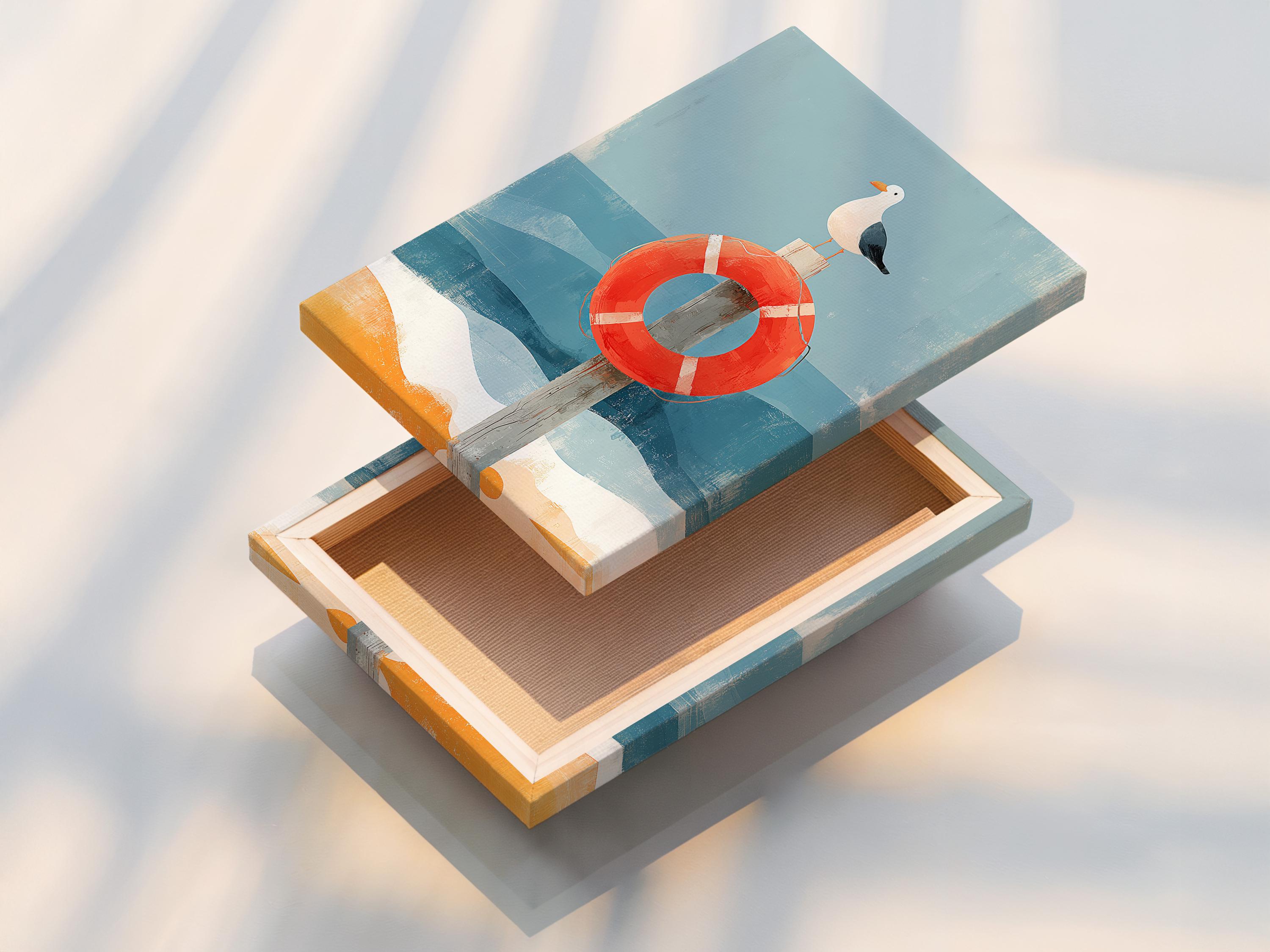 Room mockup featuring framed seagull and lifebuoy artwork with blue waves and sand tones