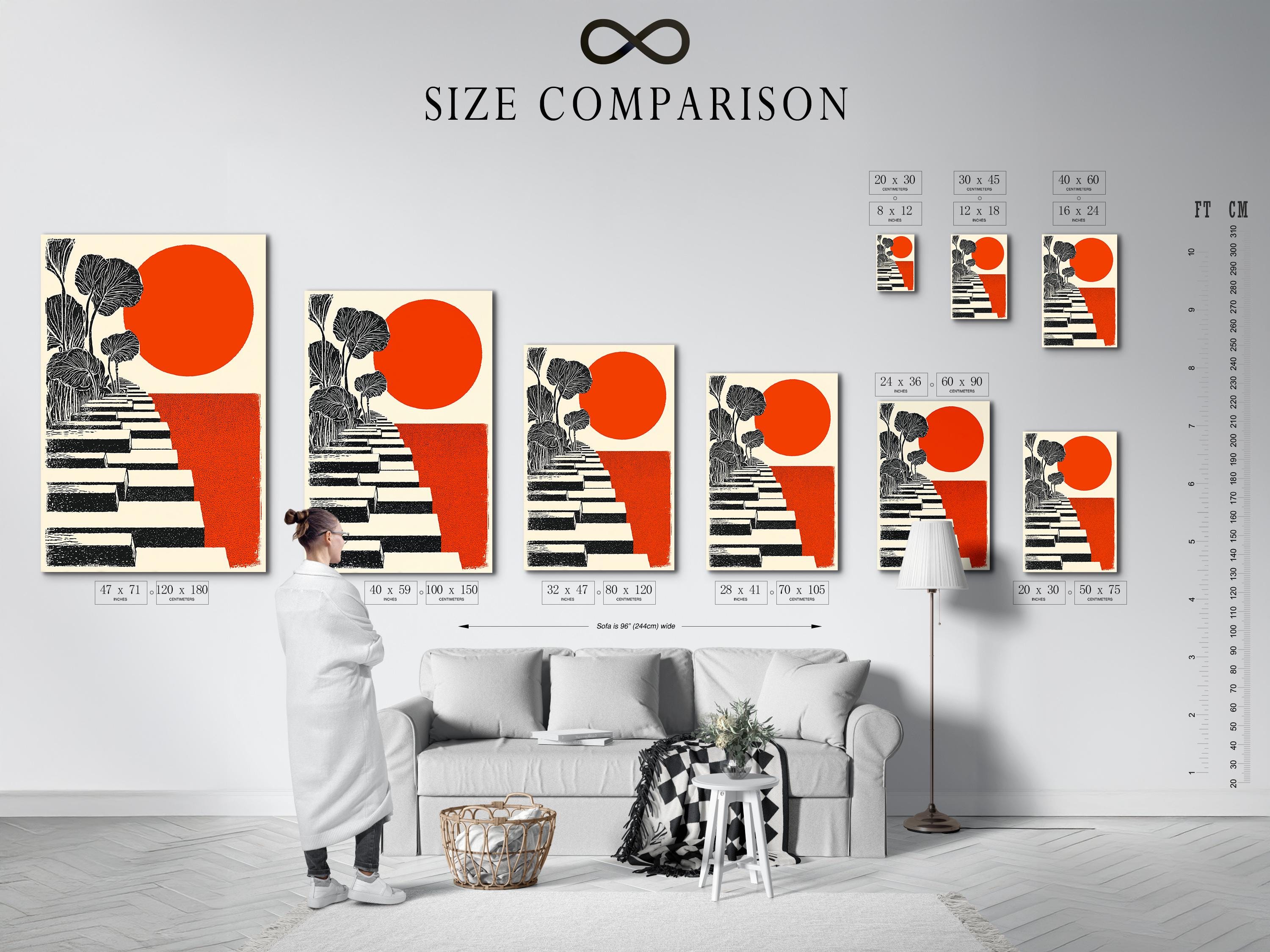 Diagonal black, off-white and burnt orange staircase with tree silhouettes and a large orange sun detail view