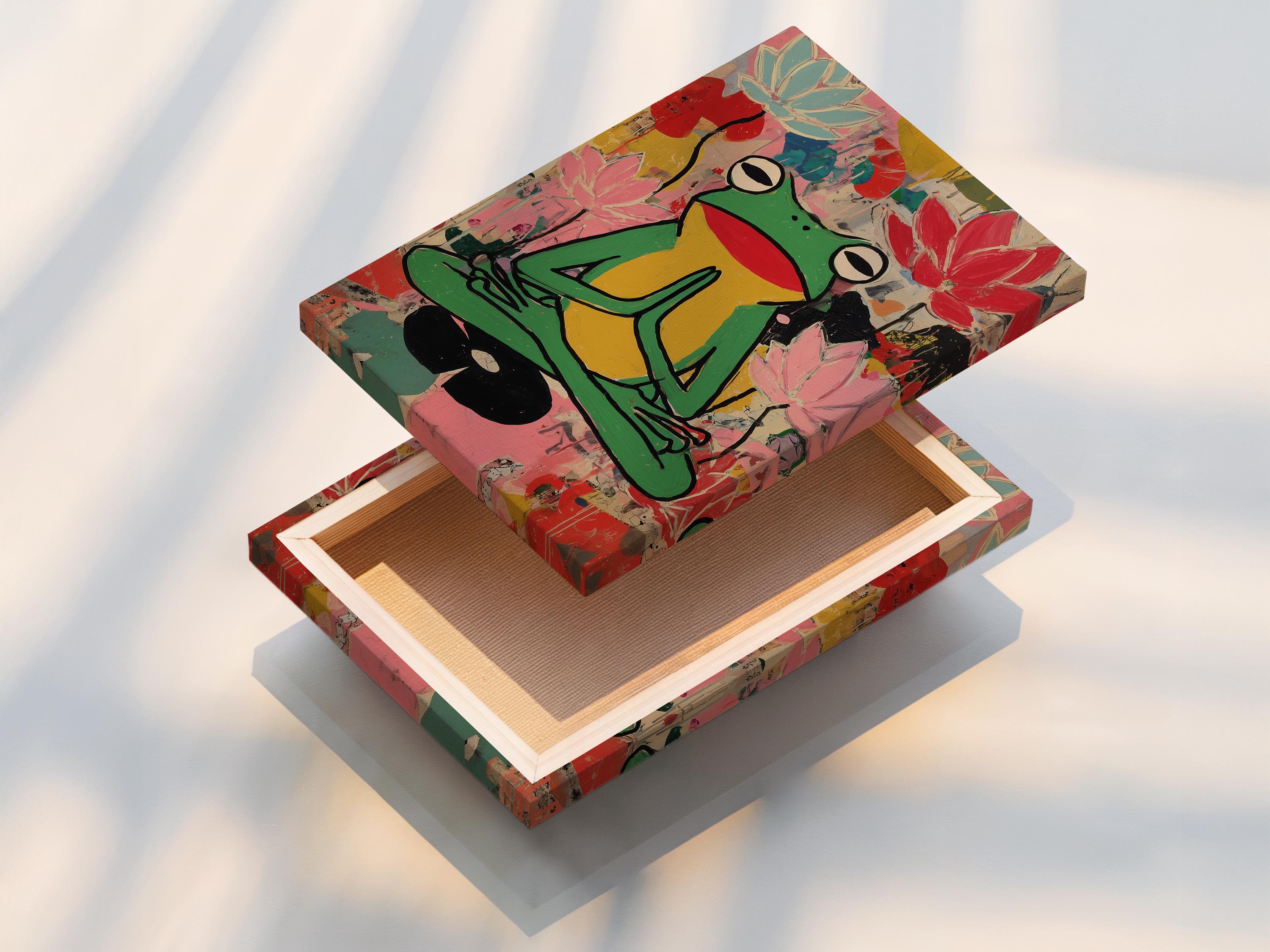 Stylised green frog meditating with pink lotus flowers in a colourful collage background detail view