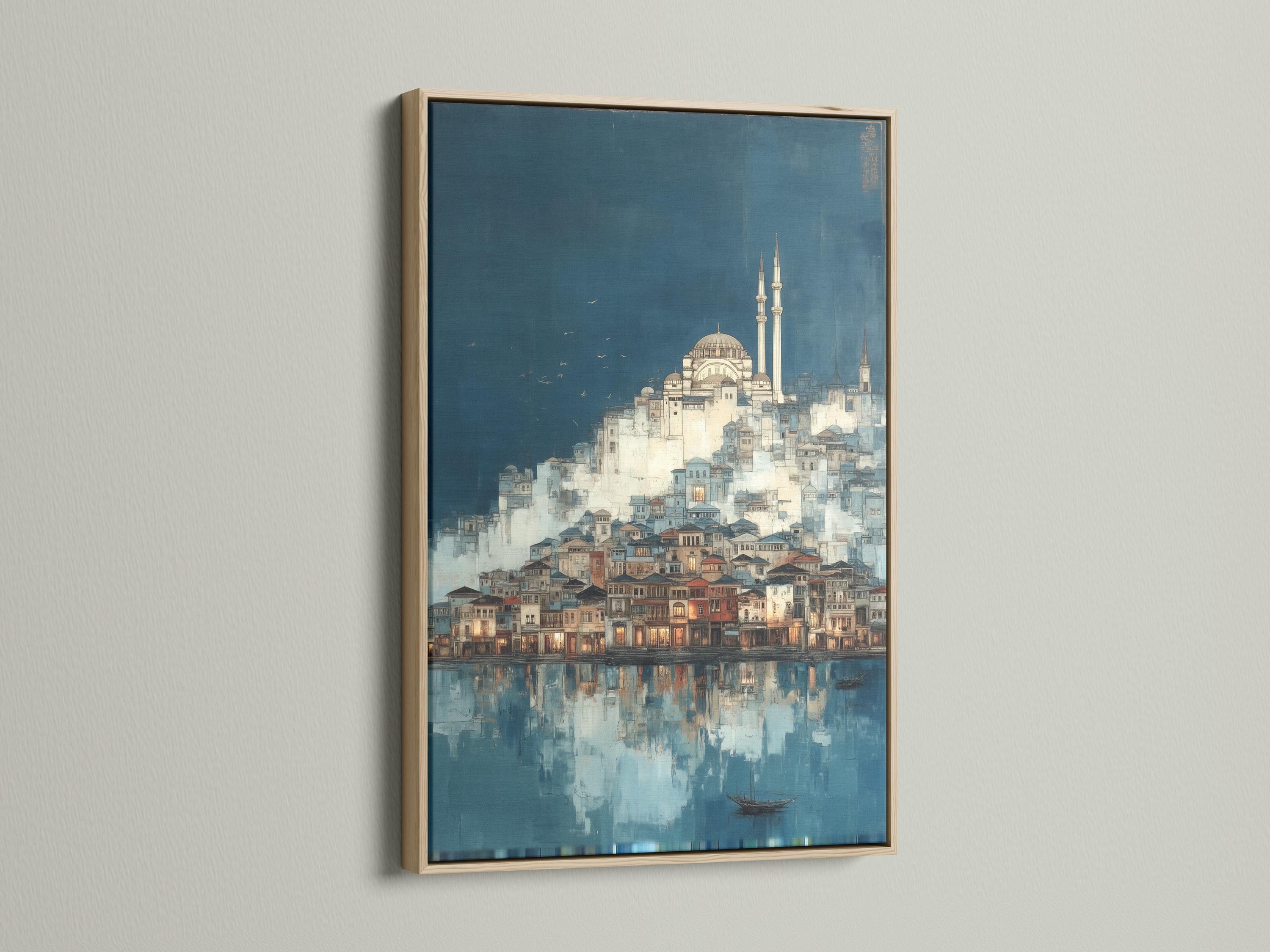 Room mockup with a framed blue cityscape mosque artwork on a wall