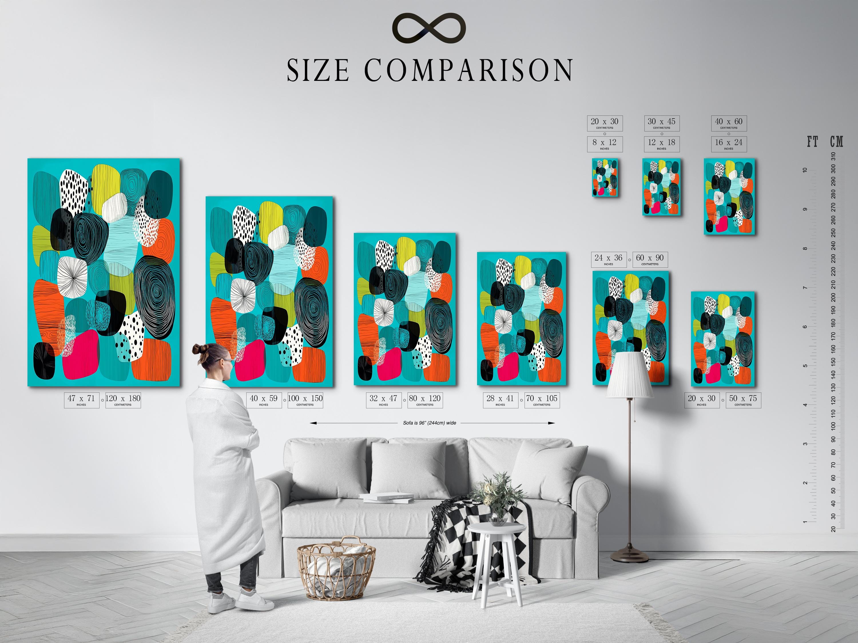 Abstract artwork in a framed composition with turquoise background and patterned shapes
