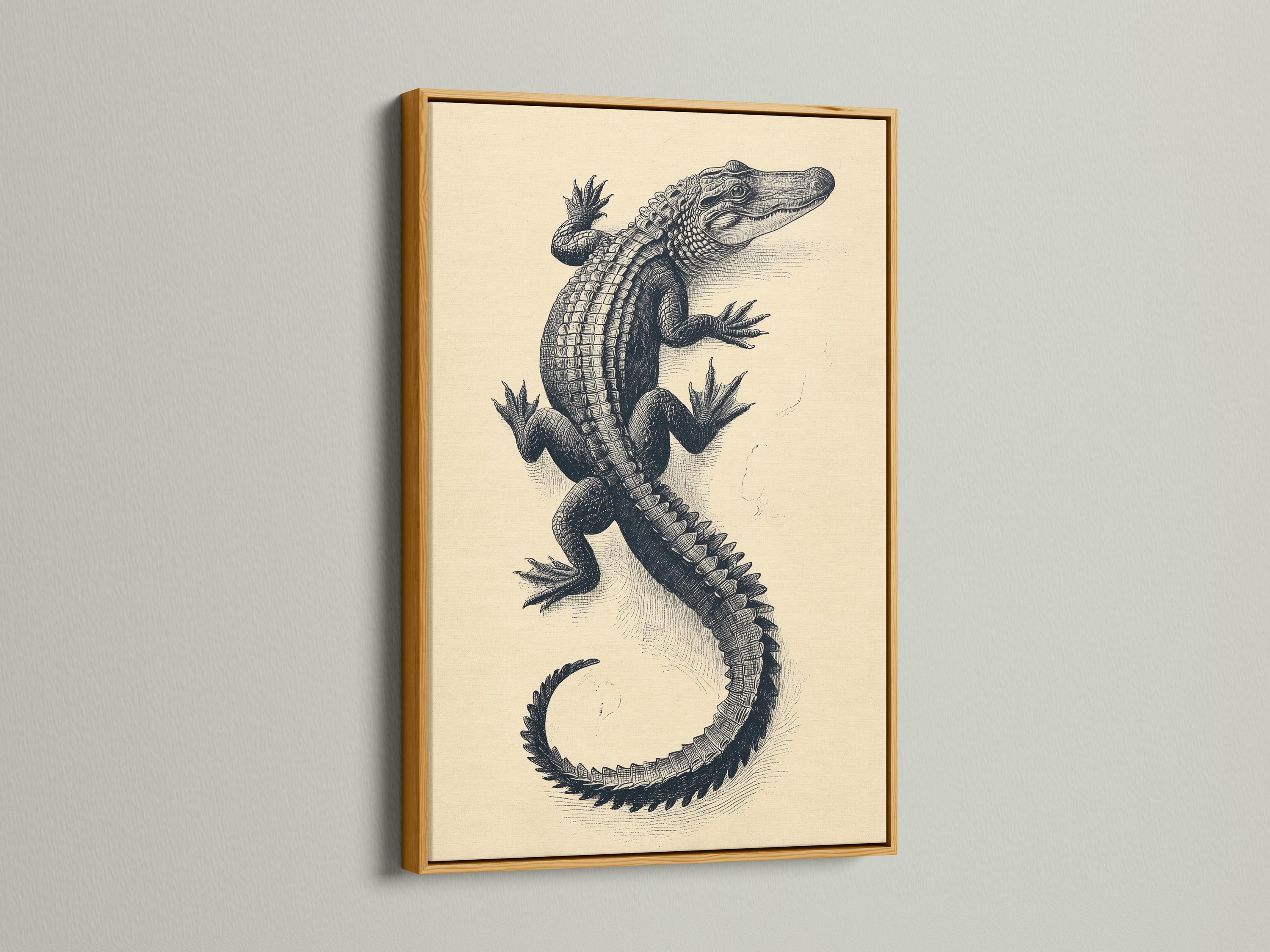 Room mockup showing framed alligator illustration above a wooden desk