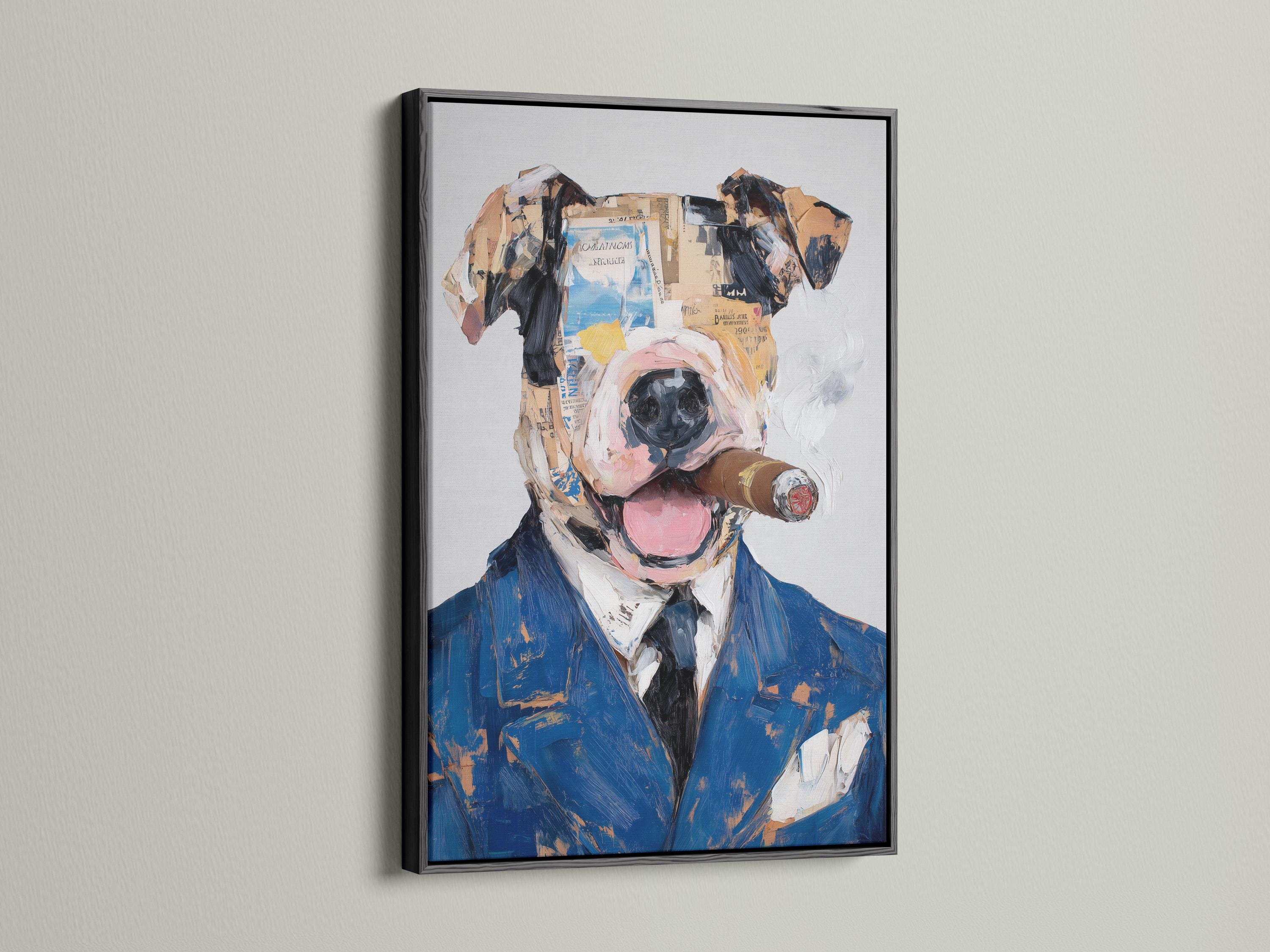 Stylised dog portrait in a blue suit with painterly collage-like texture detail view