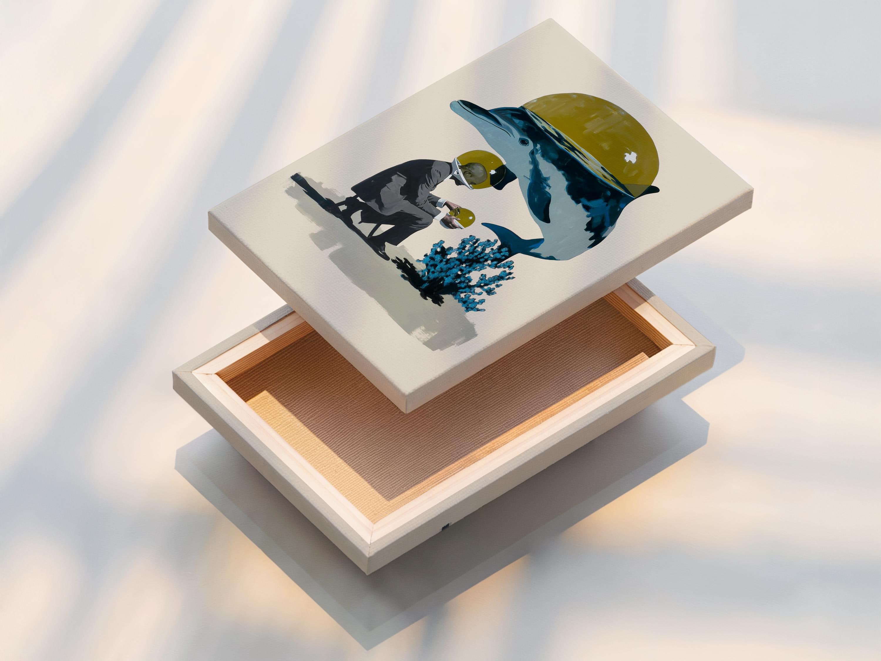 Surreal dolphin in blue with a yellow helmet-like dome and a person holding a round yellow object detail view