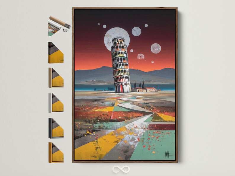 Leaning tower under a moonlit sunset sky with geometric shapes in the foreground