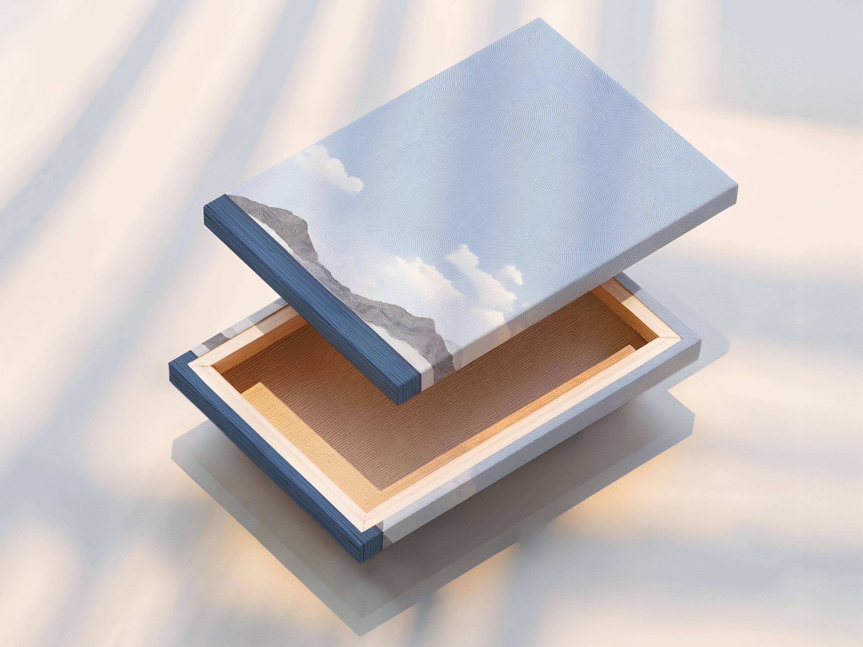 Room mockup showing a framed light blue minimalist seascape artwork with clouds and mountains