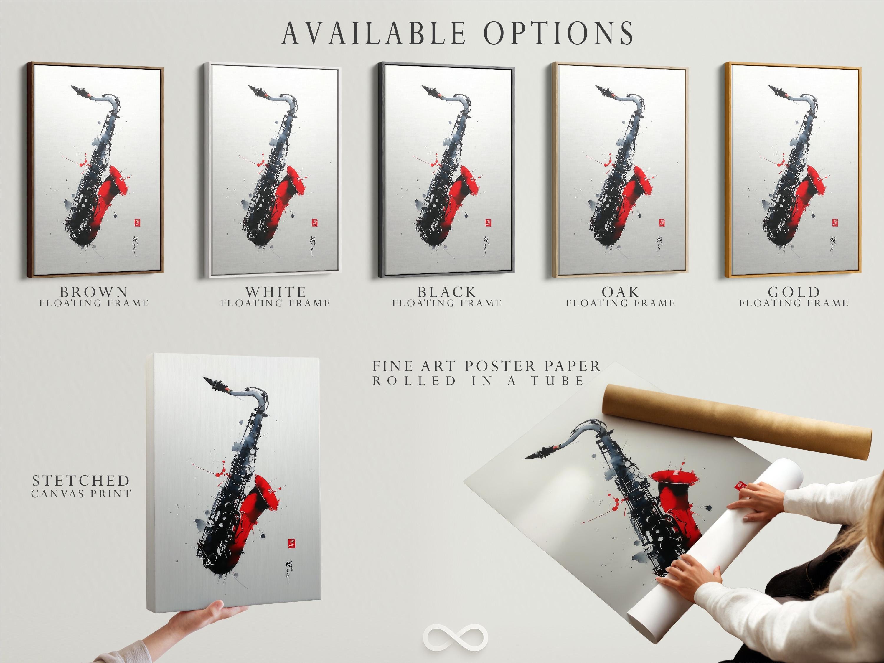 Red and black saxophone illustration with paint splatter marks on an off-white background detail view