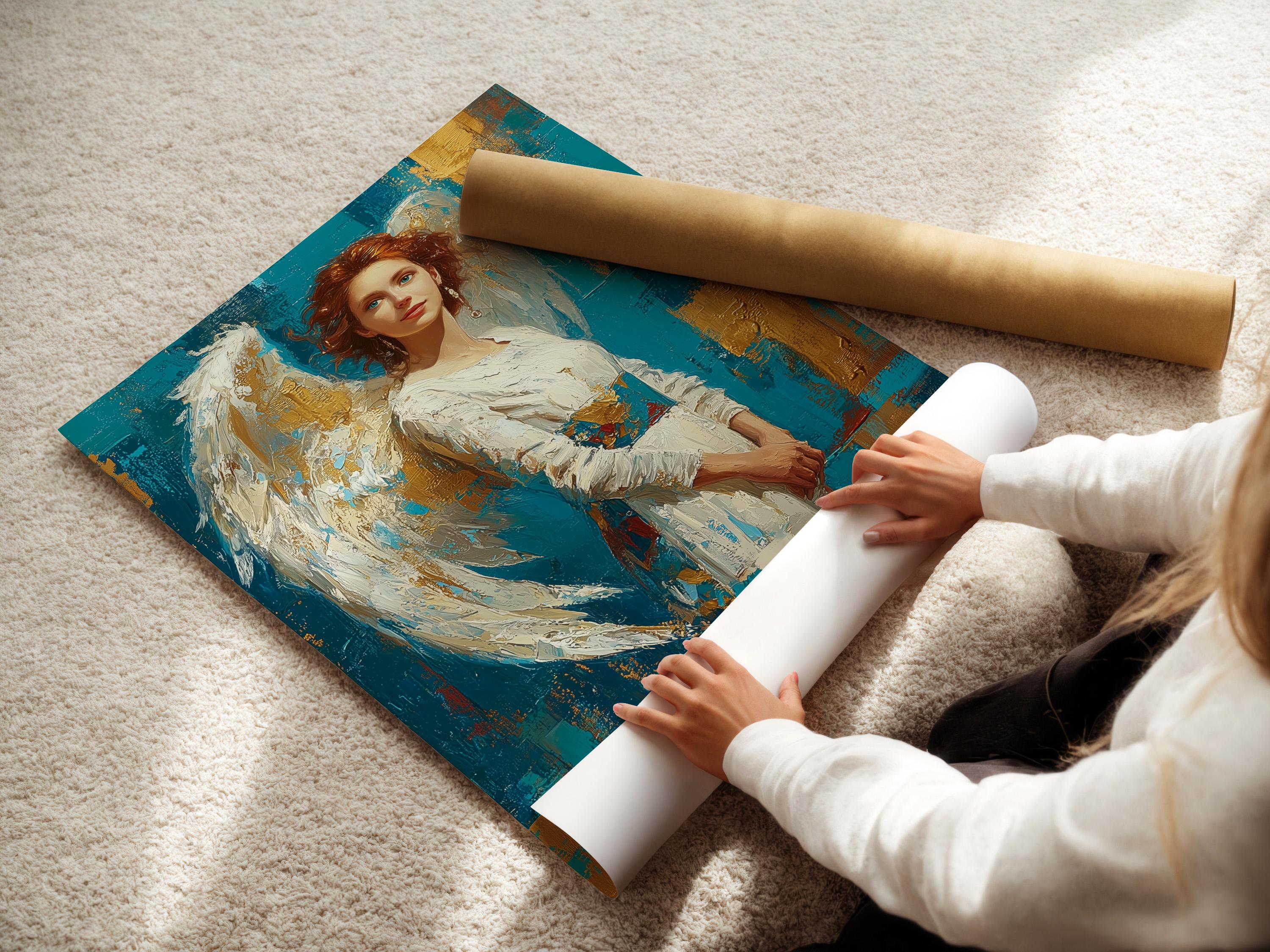 A teal and gold portrait of a woman with white angel wings, rendered in a painterly style with textured, gold-flecked background blocks detail view