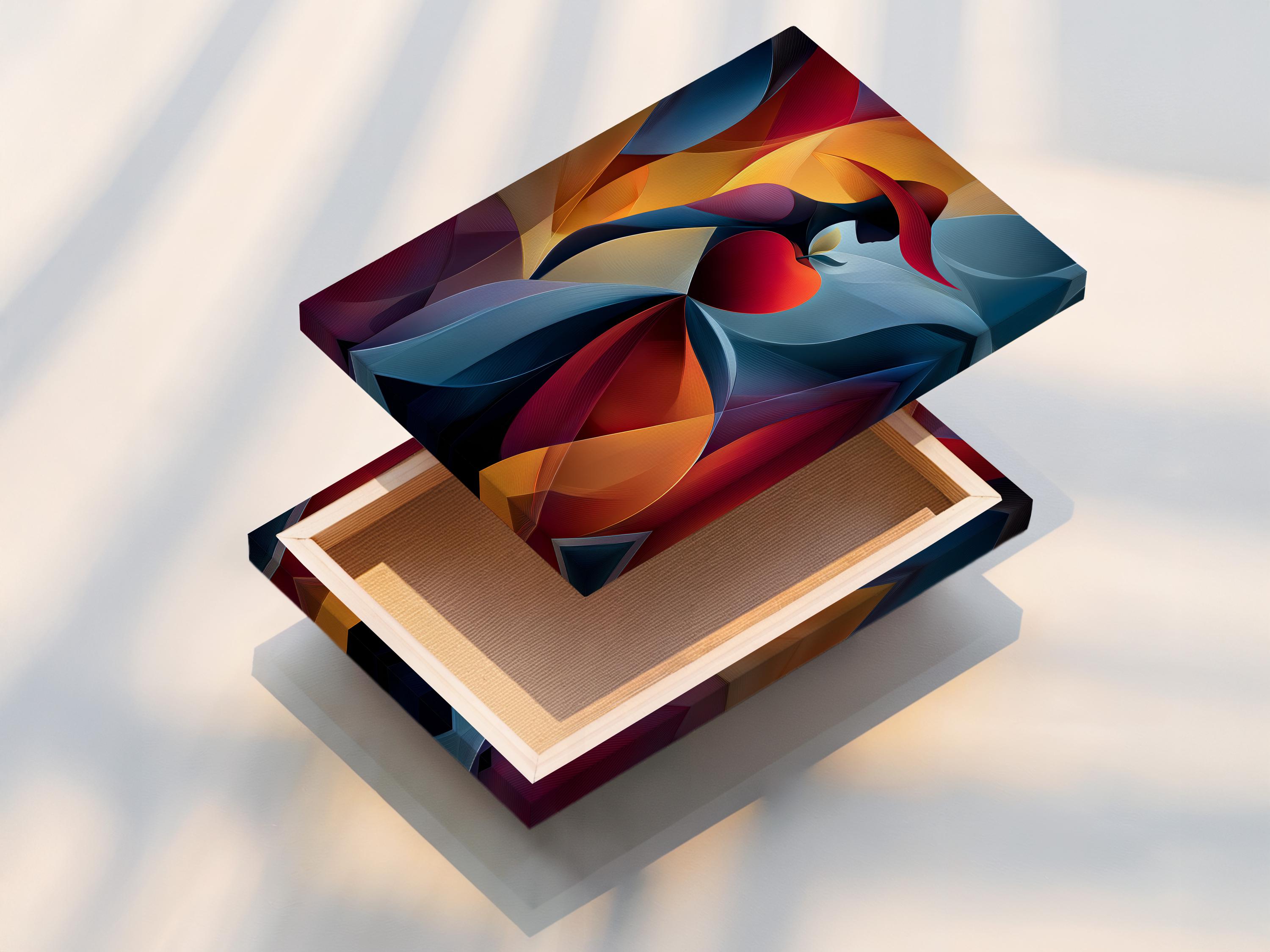 Abstract woman silhouette with a red heart, ribbon-like curves, and blue, red, gold colours detail view