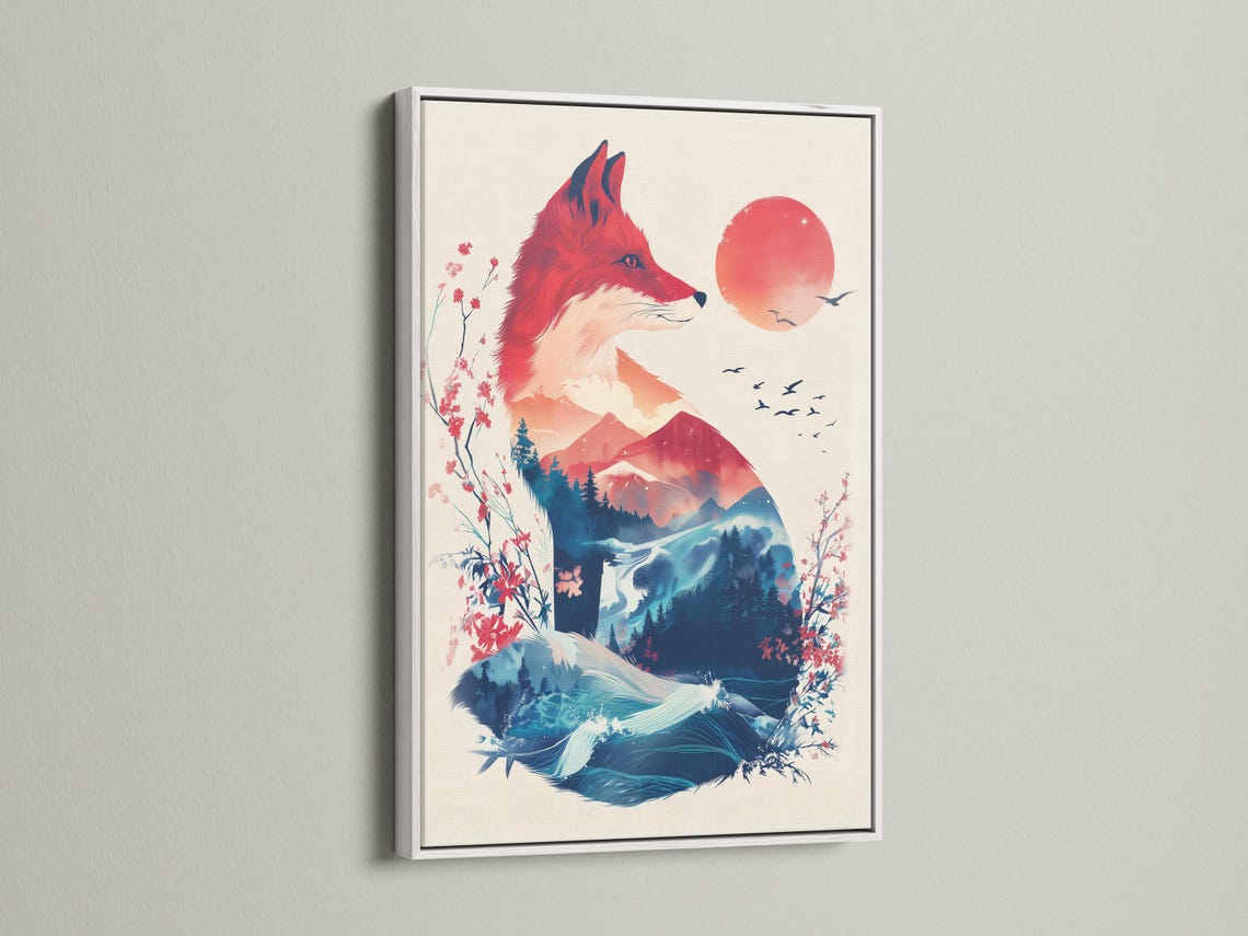 A stylised red fox faces right above layered blue mountains, with pink blossoms, a large orange sun and small birds in flight detail view