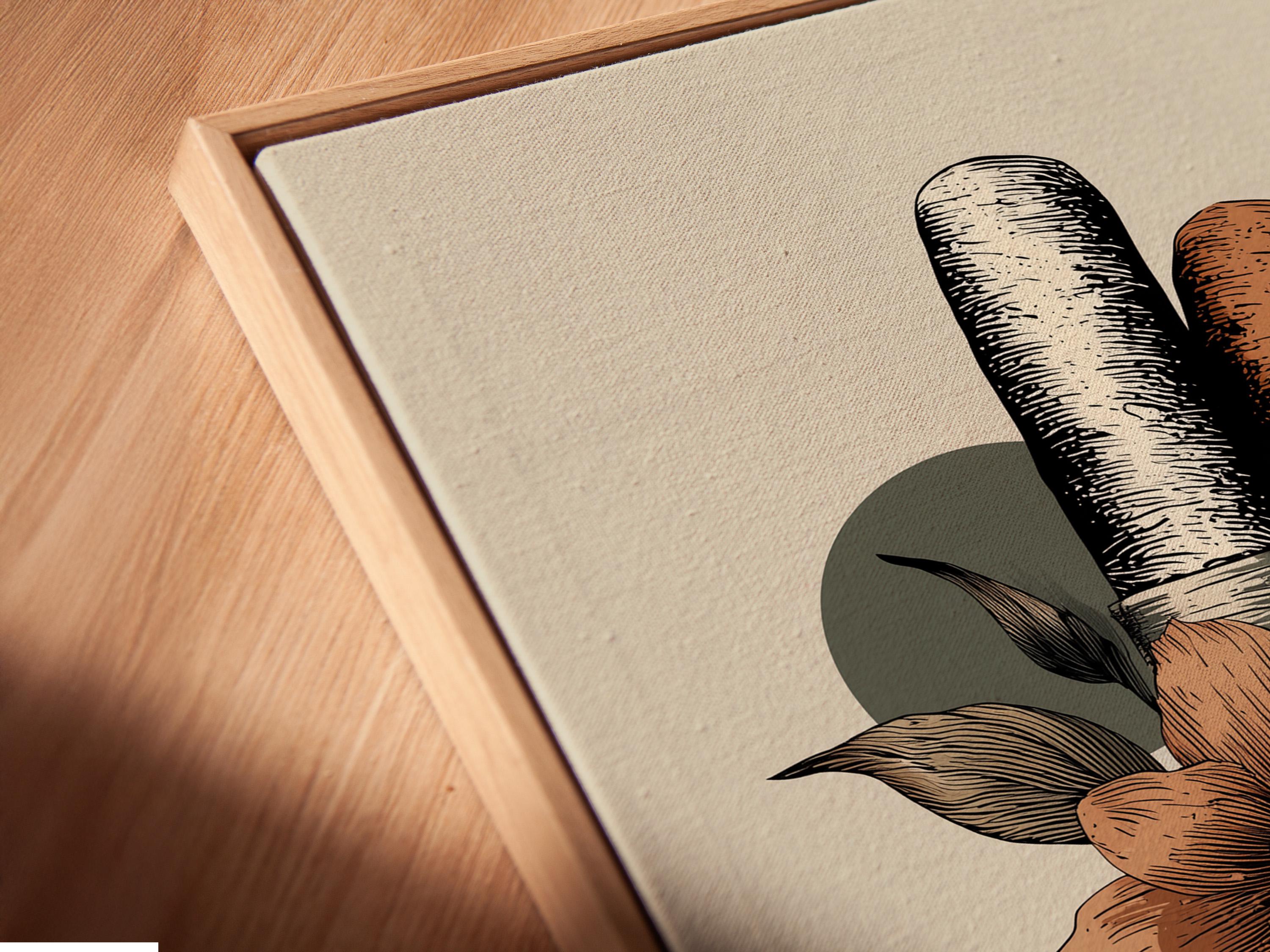 Botanical illustration of a textured cigar surrounded by terracotta flowers and dark leaves on an off-white background detail view