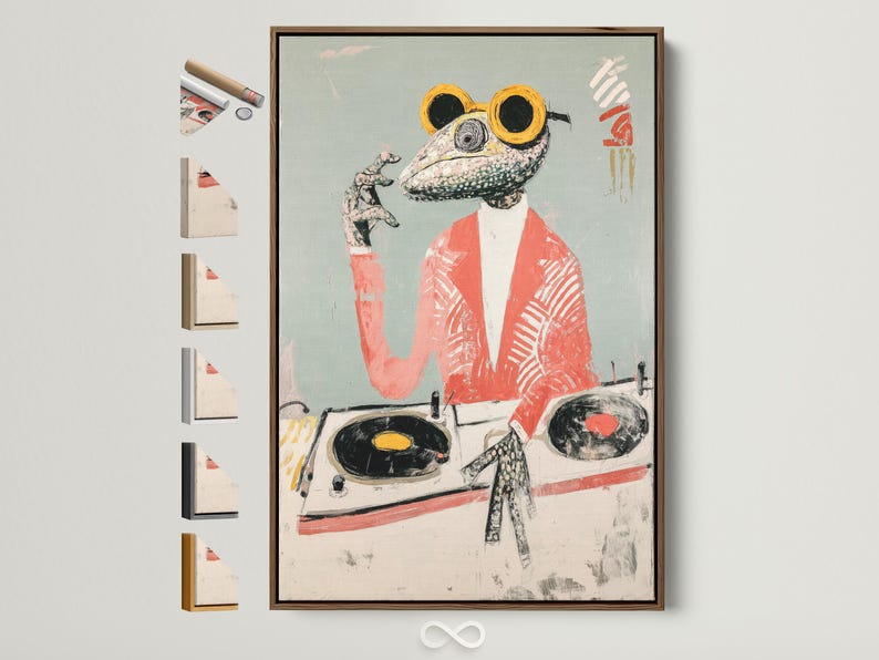 Stylised reptile DJ with goggles and headset beside a turntable on a pale teal background