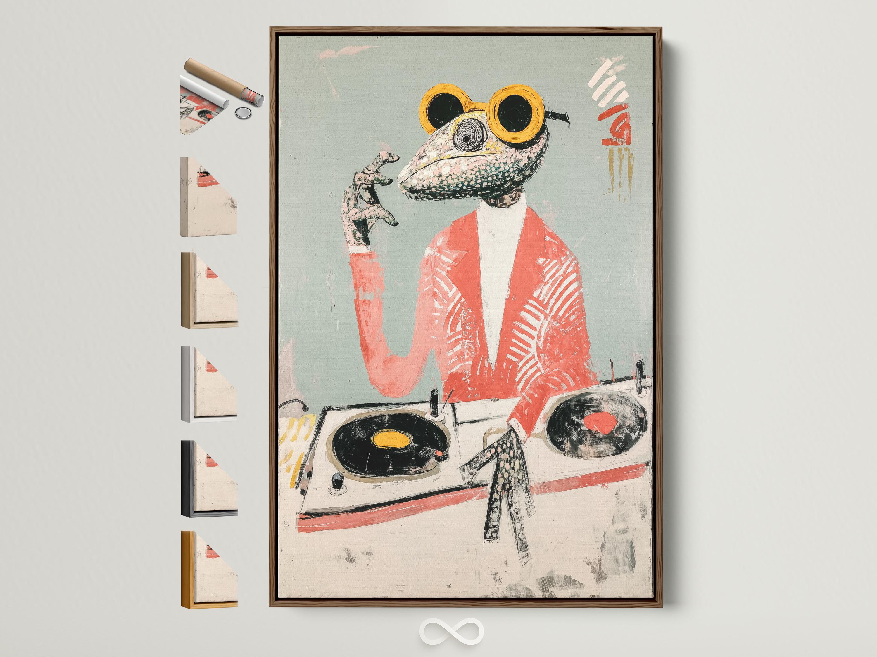 Stylised reptile DJ with goggles and headset beside a turntable on a pale teal background