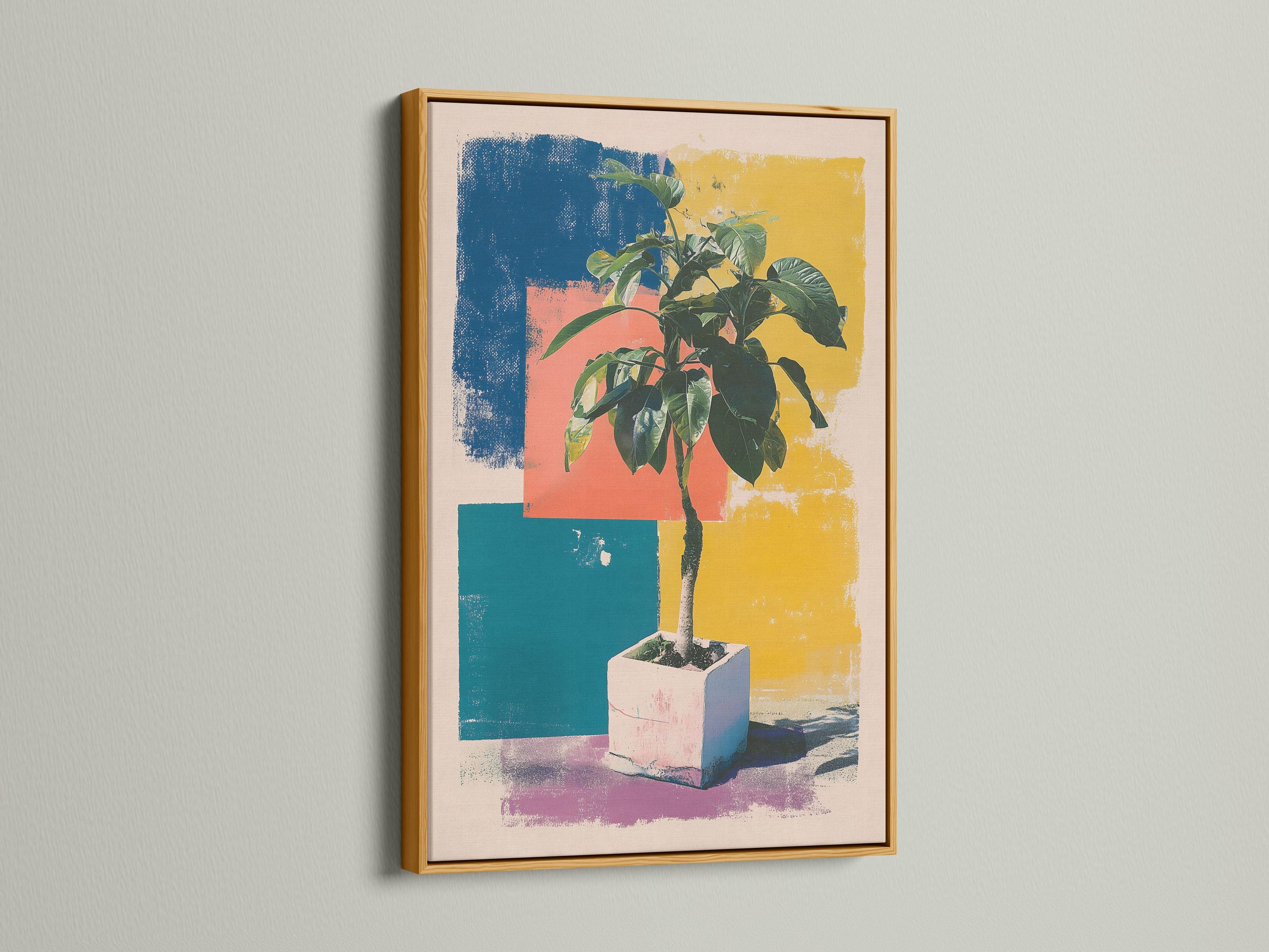 Stylised potted plant with dark green leaves over teal, coral and yellow pop-art blocks detail view