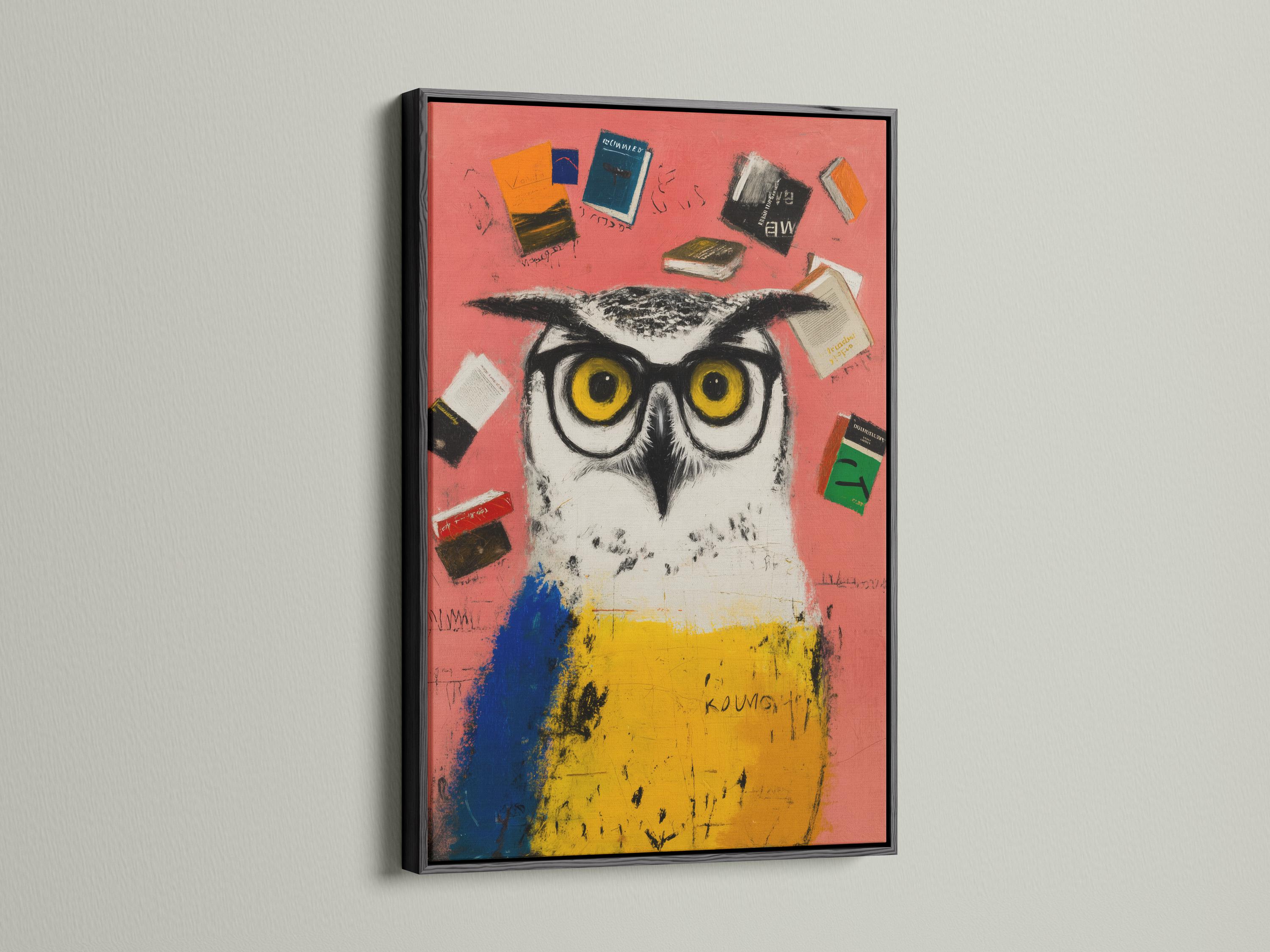 Stylised owl with large yellow eyes surrounded by illustrated books on a coral, blue and yellow background detail view
