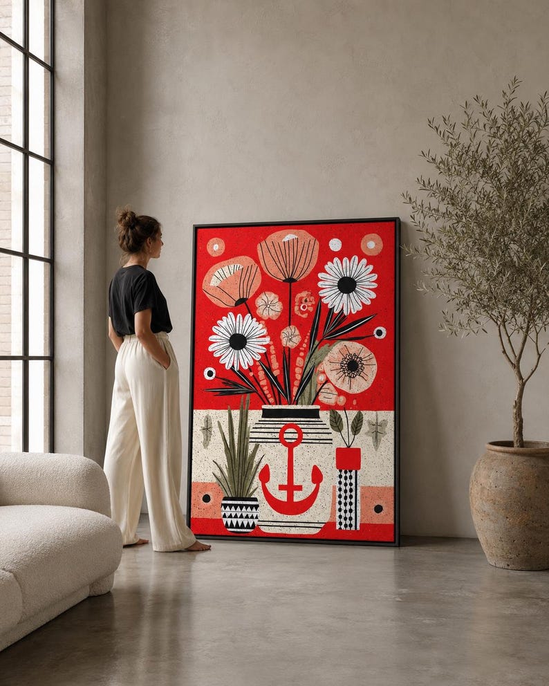 Red floral anchor artwork with white daisy-like flowers and black accents