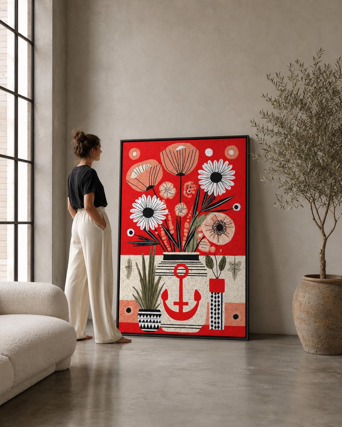 Red floral anchor artwork with white daisy-like flowers and black accents