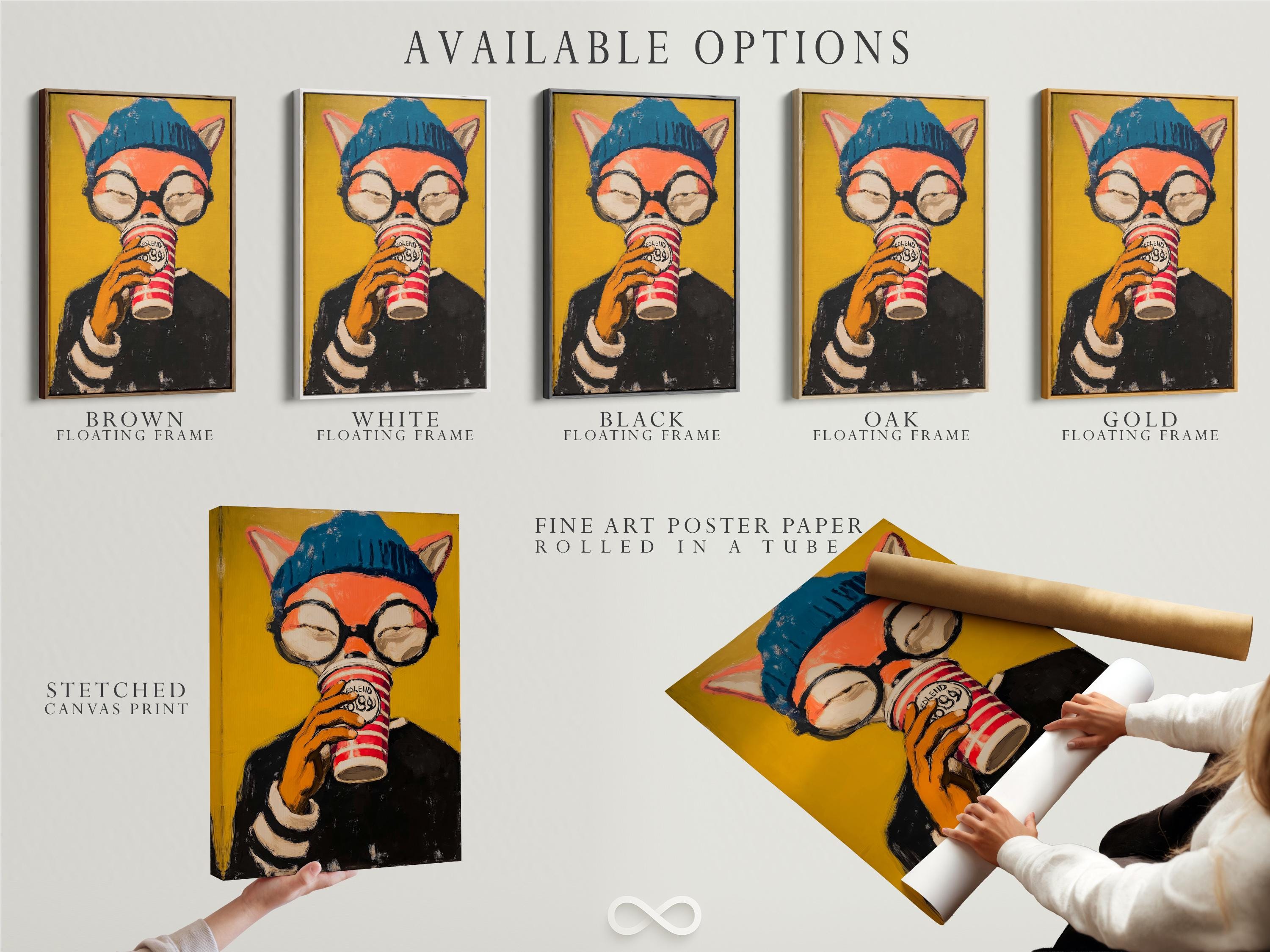 Stylised fox portrait wearing round glasses and a blue beanie, holding a red-and-white striped cup detail view