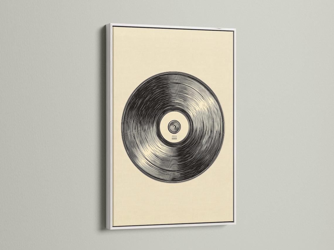 Vinyl record illustration with black concentric grooves on a beige background detail view