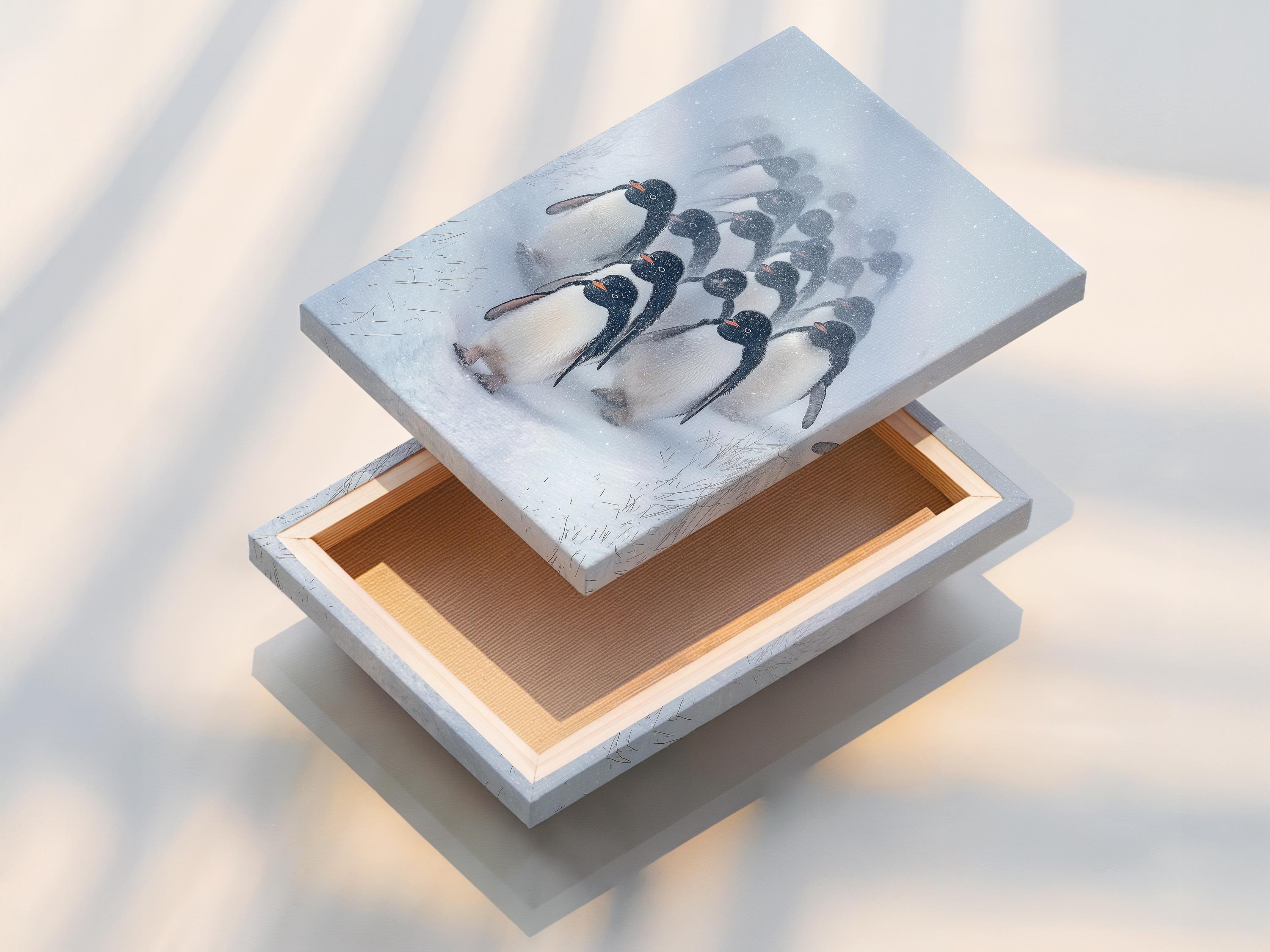 Snowy winter scene with a group of penguins in monochrome tones, with falling snow detail view