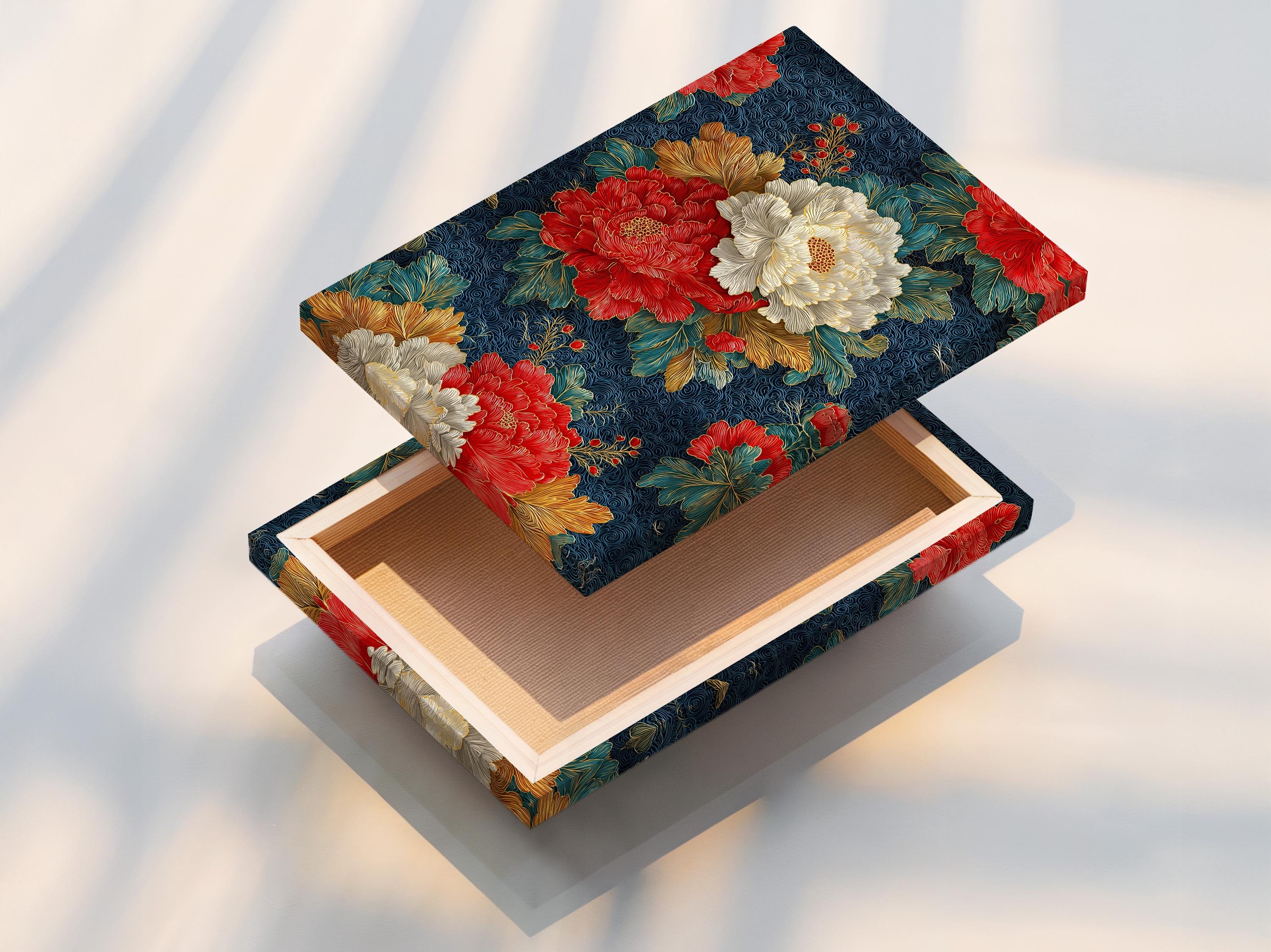 Peony floral artwork displayed in a frame over a light background, with alternate frame options shown