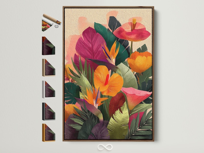 Tropical floral artwork with magenta flowers and green jungle leaves on a cream background