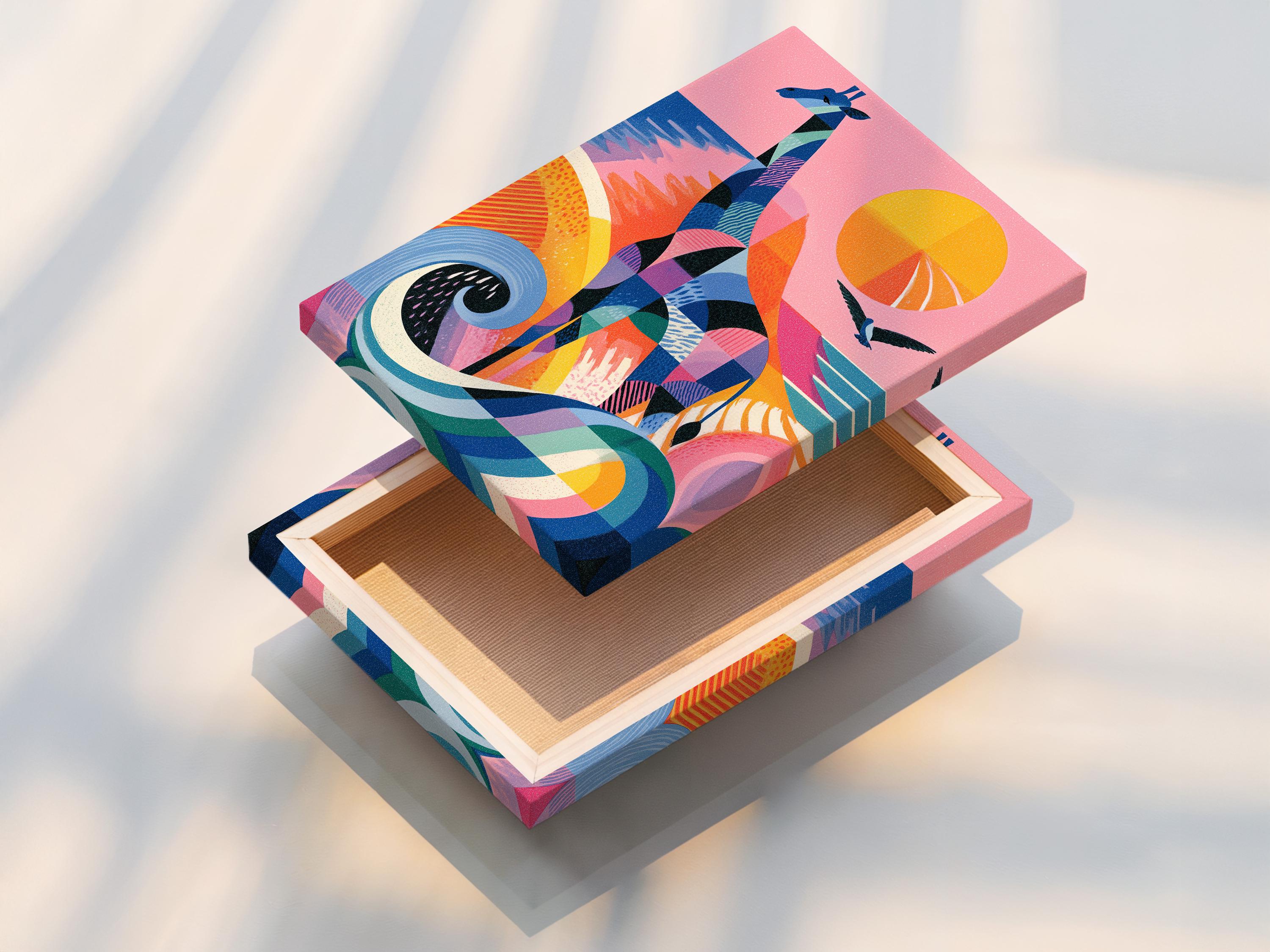 Colourful geometric giraffe artwork with birds in flight and a sun-like circle on a pink background detail view