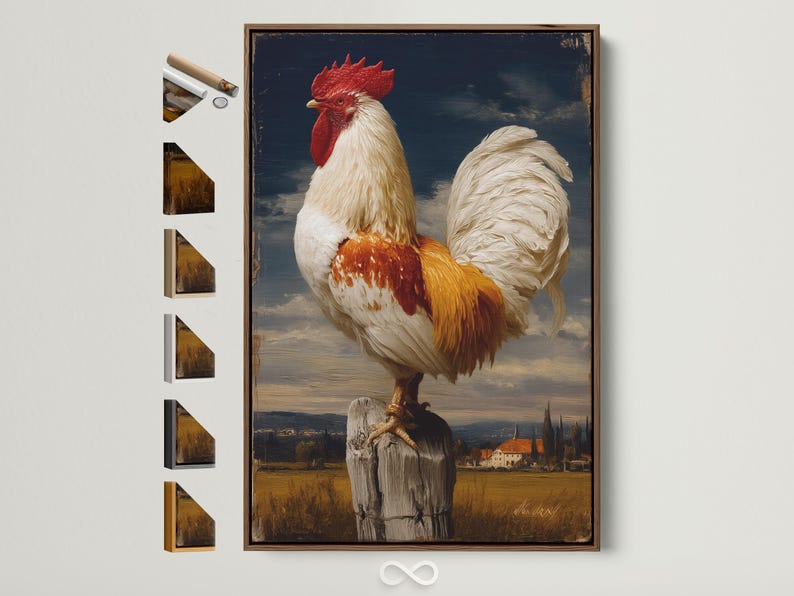 Vintage rooster portrait with red comb and pale feathers in a countryside landscape