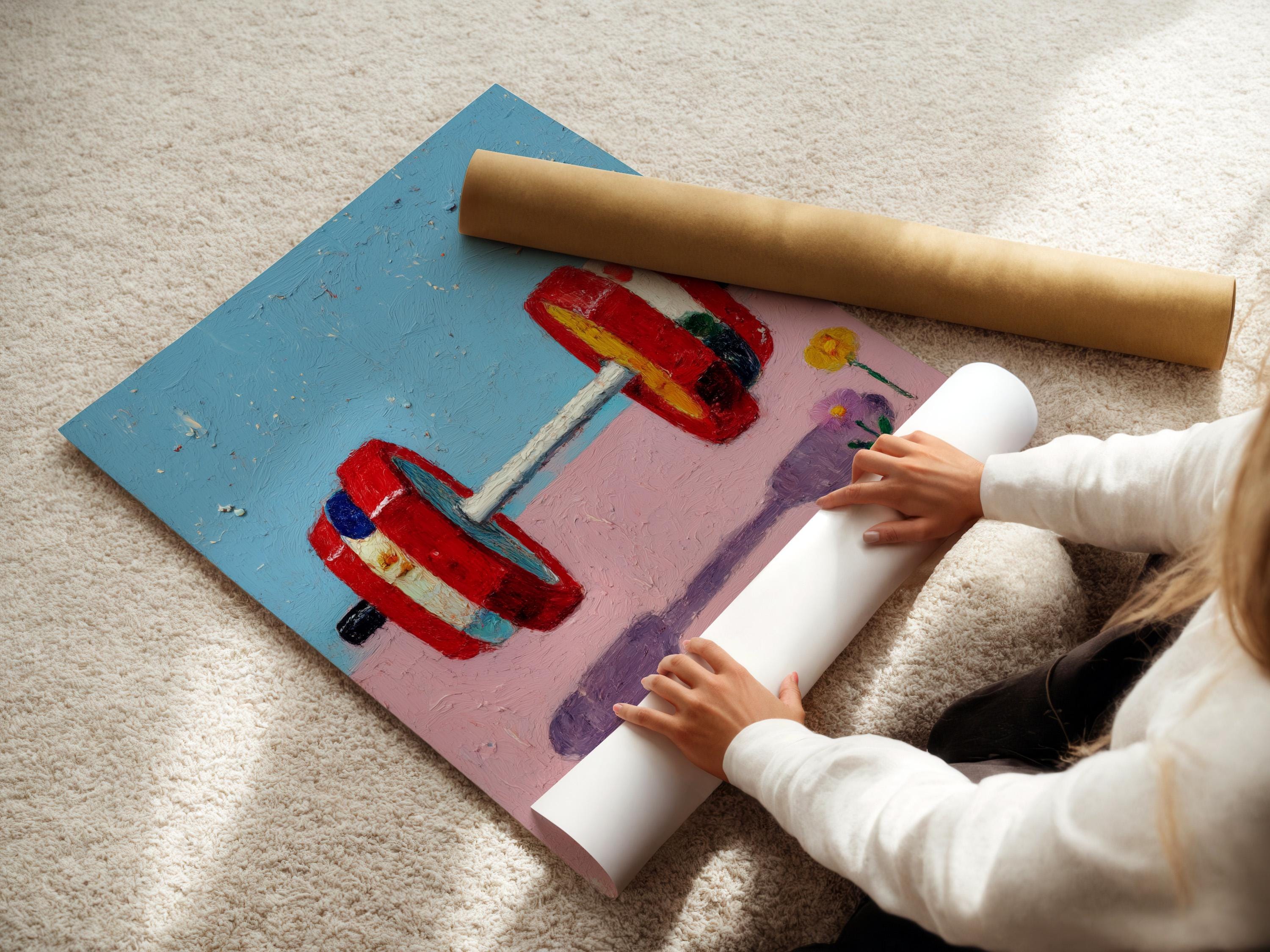 A framed abstract painting shows a brightly coloured weight barbell on a blue-and-pink background with small scattered speckles and a minimal flower