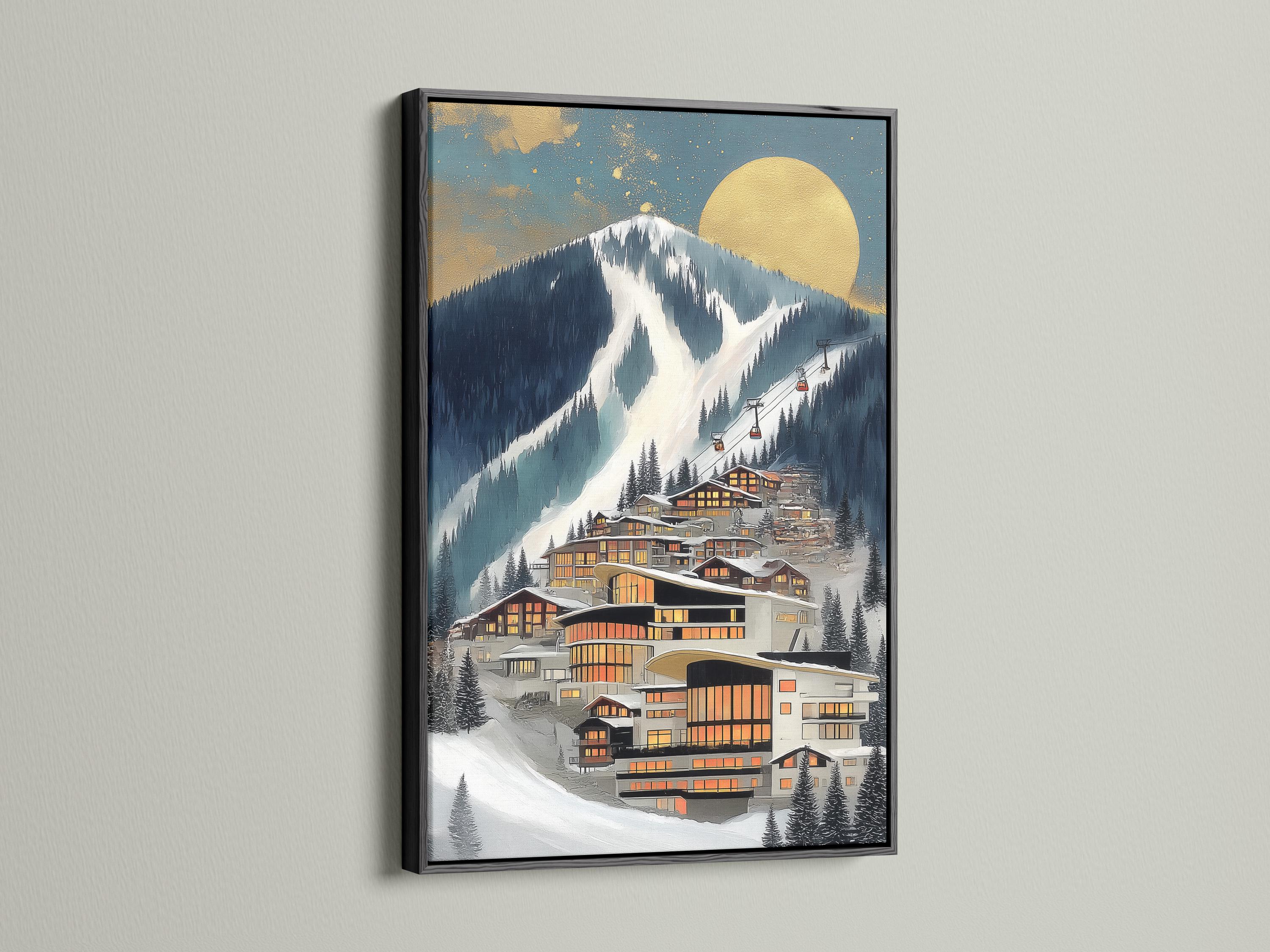 A winter mountain village scene shows warm chalet buildings below a snowy slope and a large sun, with a ski lift line and scattered pine trees detail