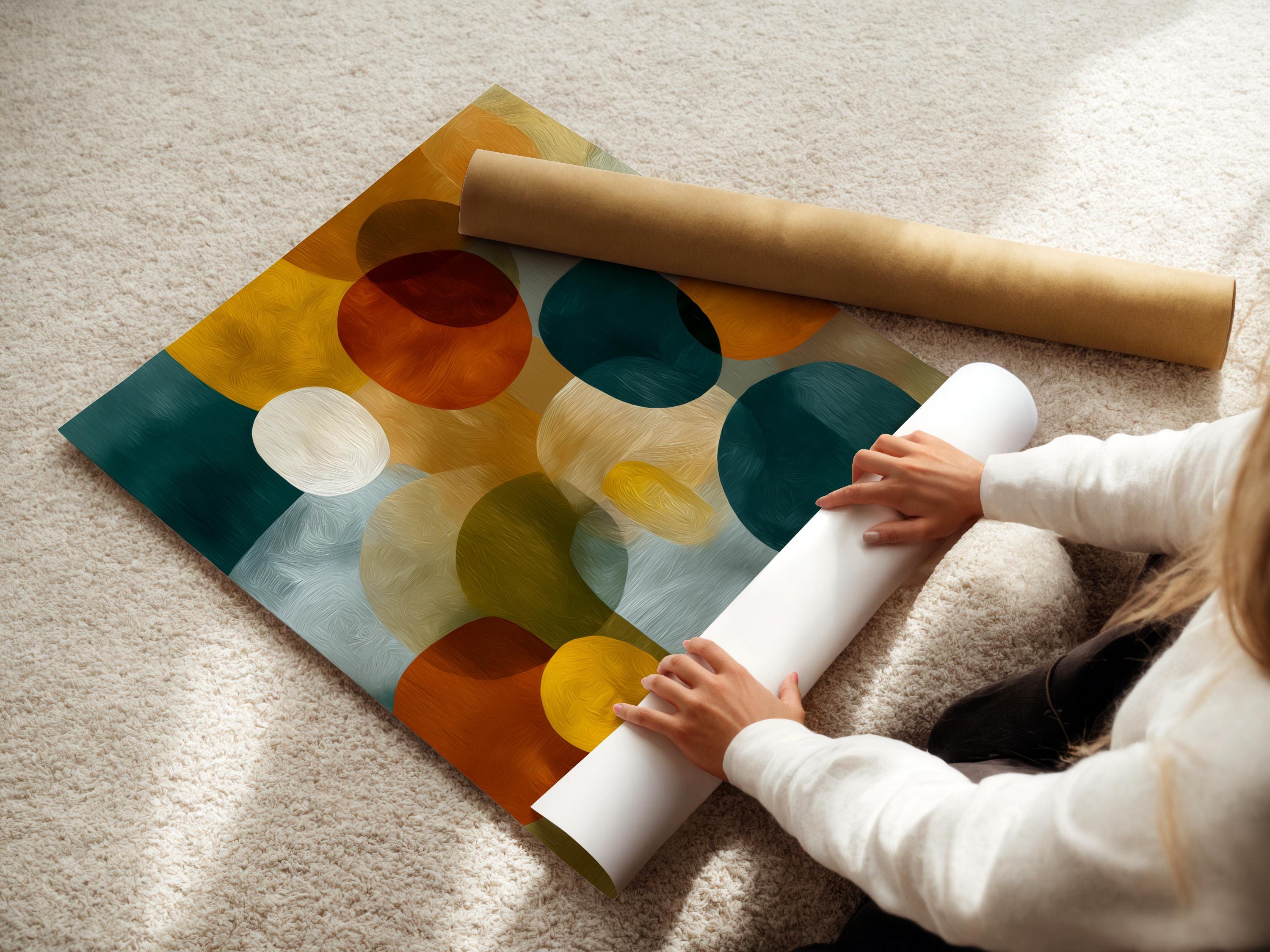 Abstract artwork with overlapping circles and oval shapes in teal, mustard yellow, orange and red detail view