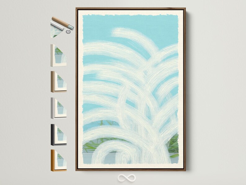 Sky blue abstract arches with dotted curved lines and layered white highlights
